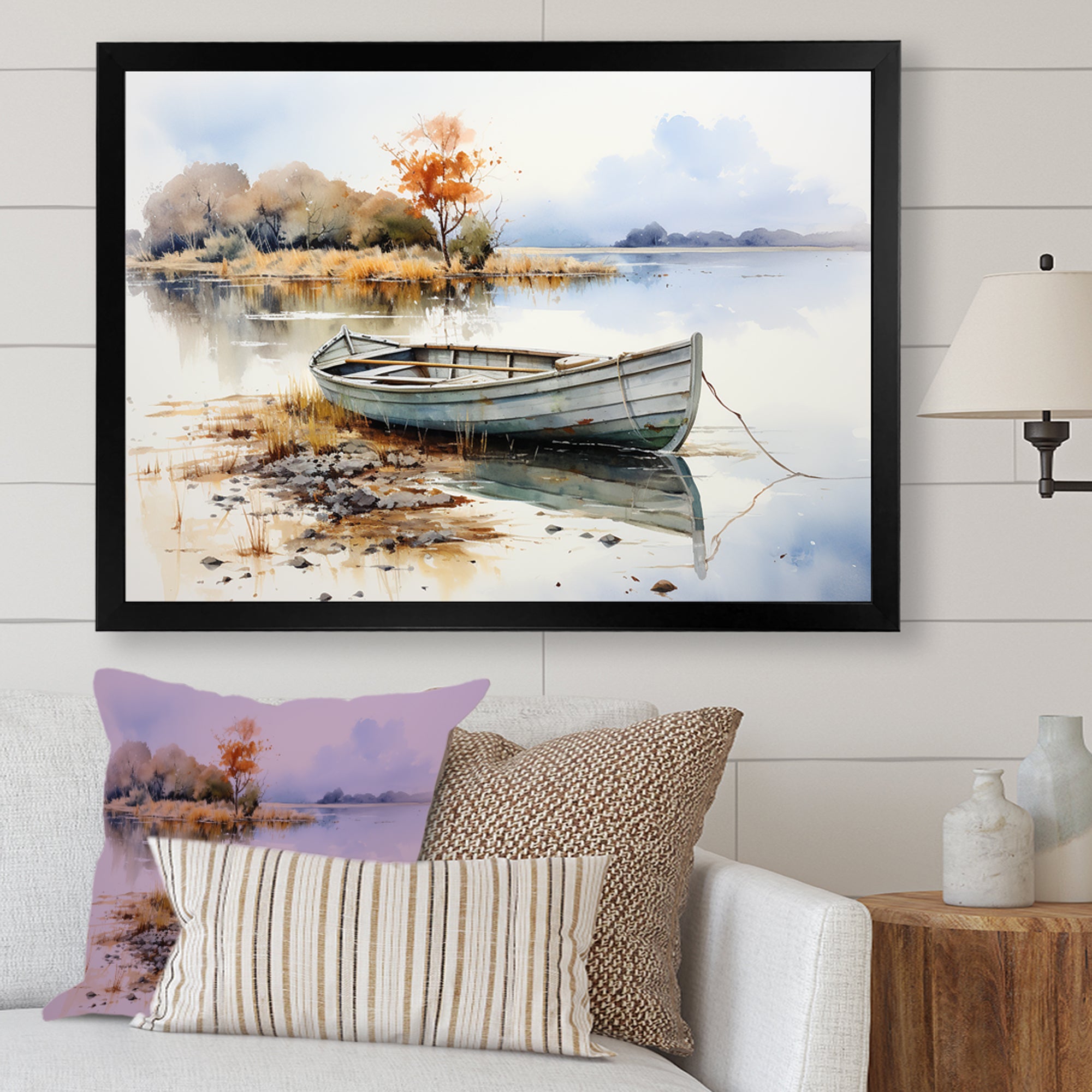 Blue and orange Autumn Tranquility Fishing Boat - Boat Fishing Canvas Wall Art