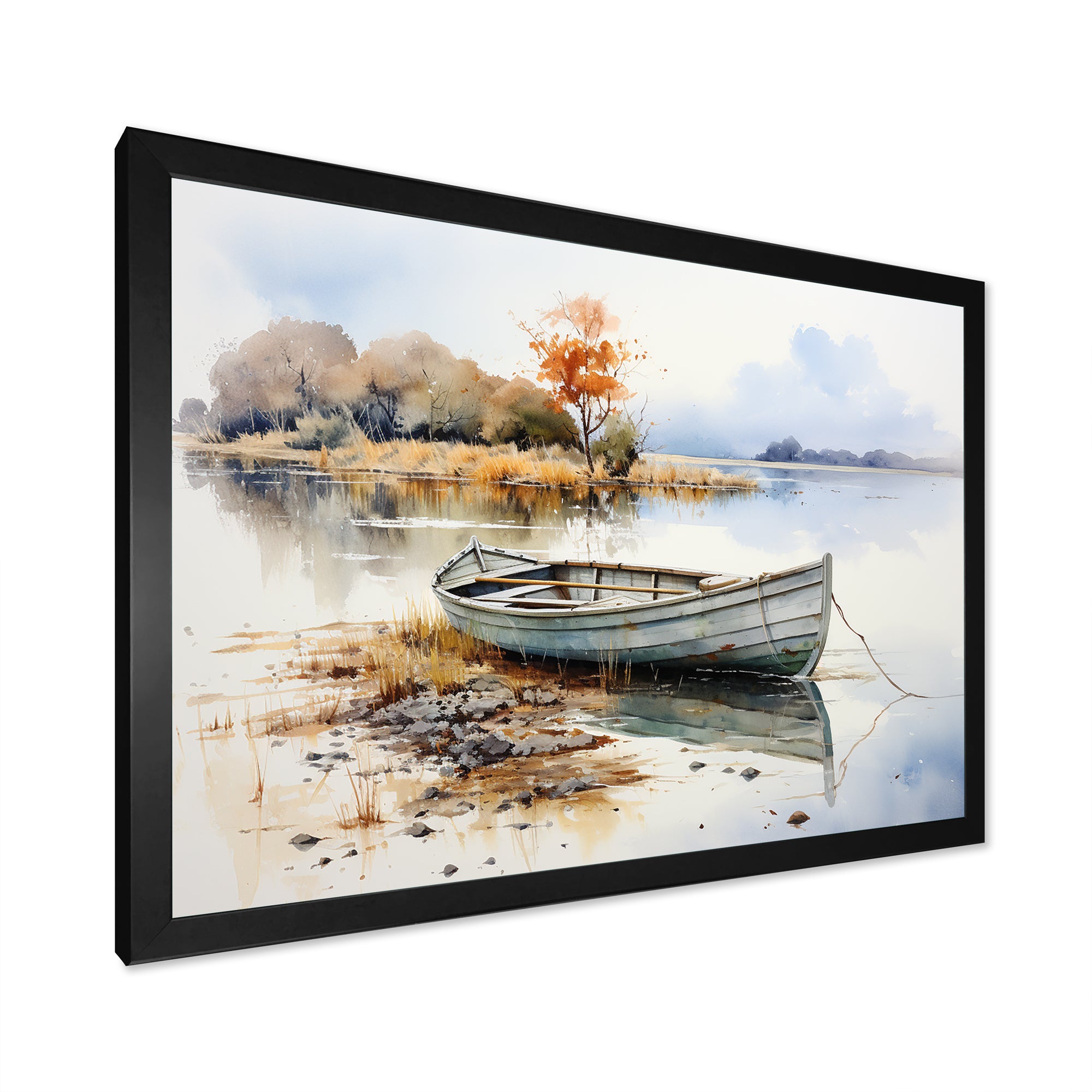 Blue and orange Autumn Tranquility Fishing Boat - Boat Fishing Canvas Wall Art