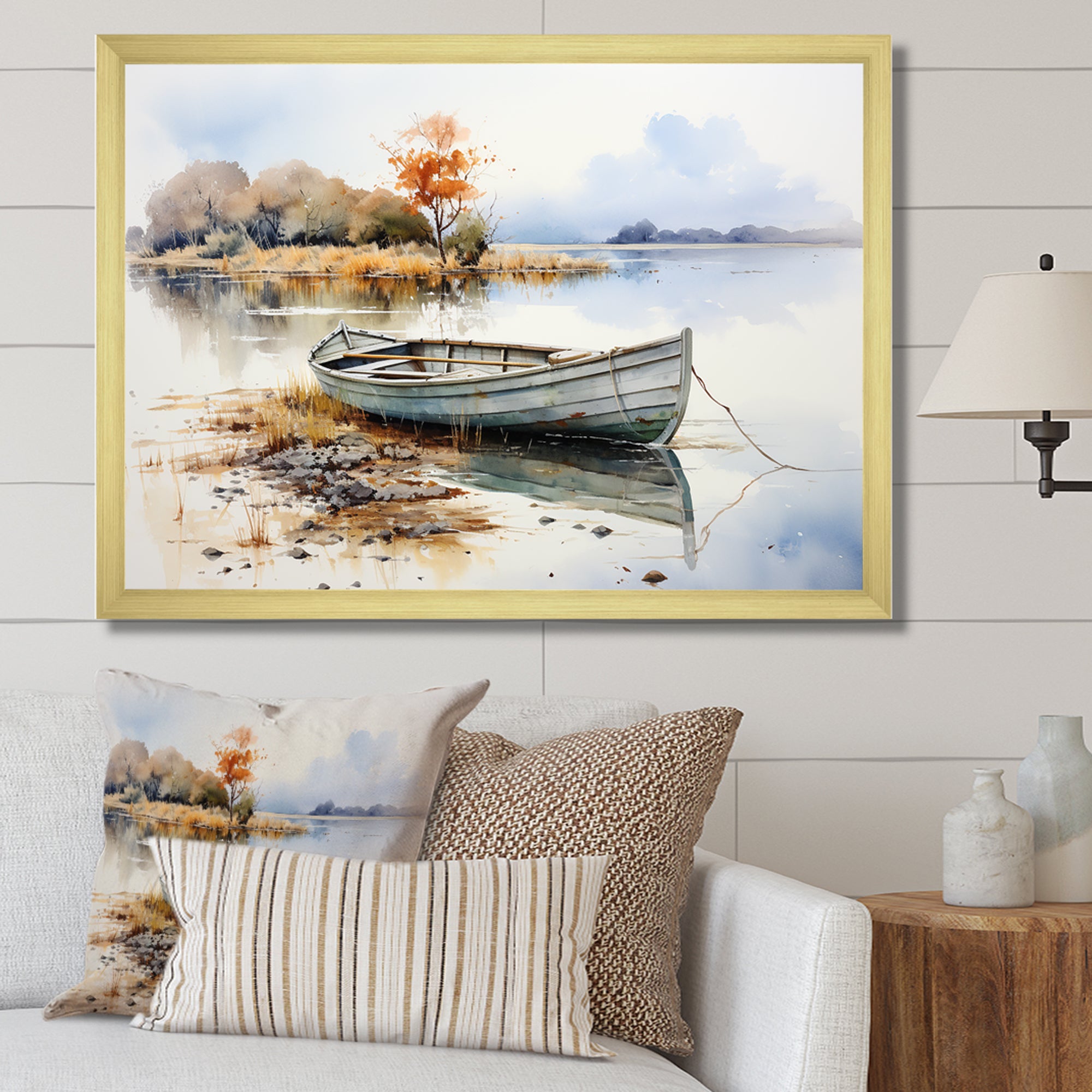 Blue and orange Autumn Tranquility Fishing Boat - Boat Fishing Canvas Wall Art