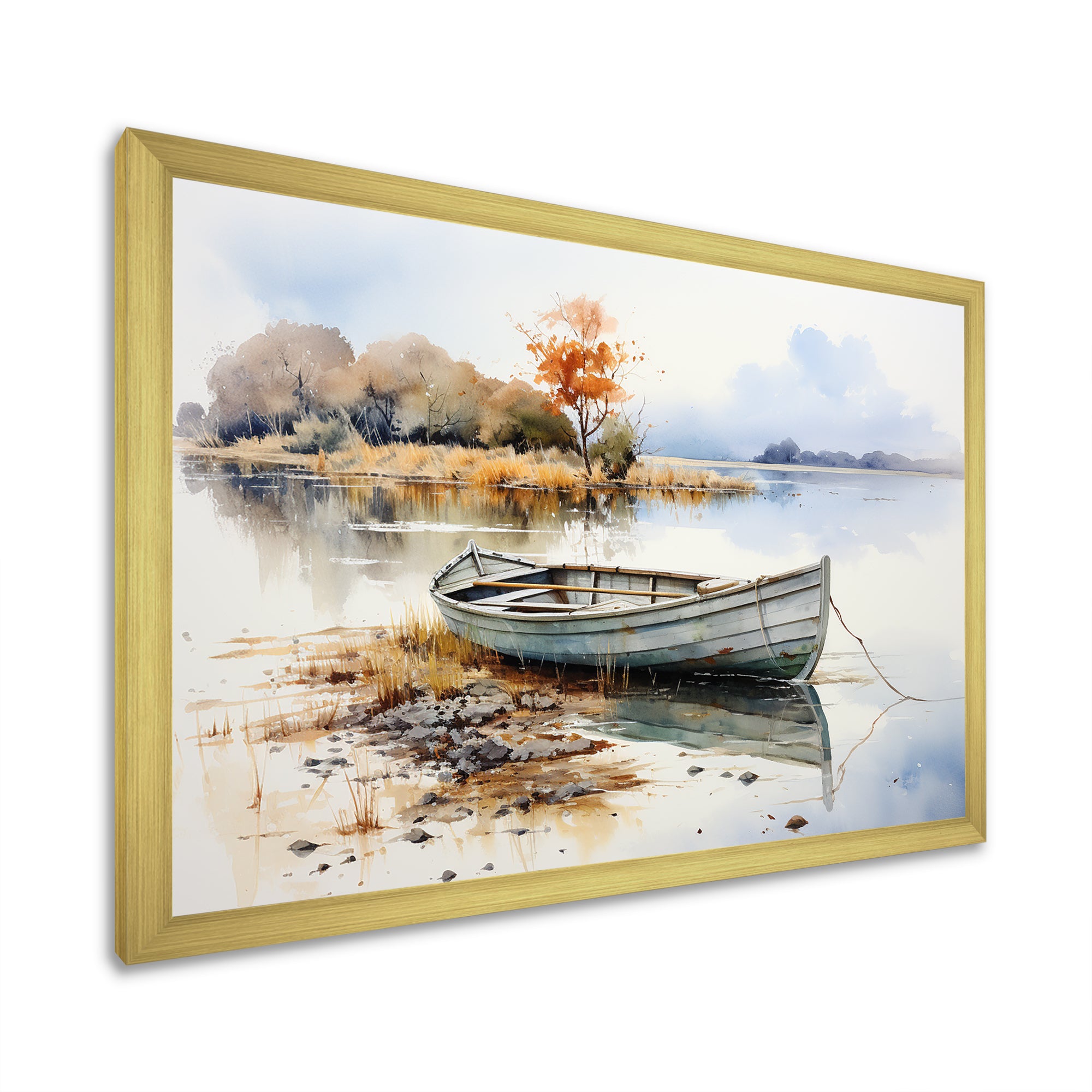 Blue and orange Autumn Tranquility Fishing Boat - Boat Fishing Canvas Wall Art