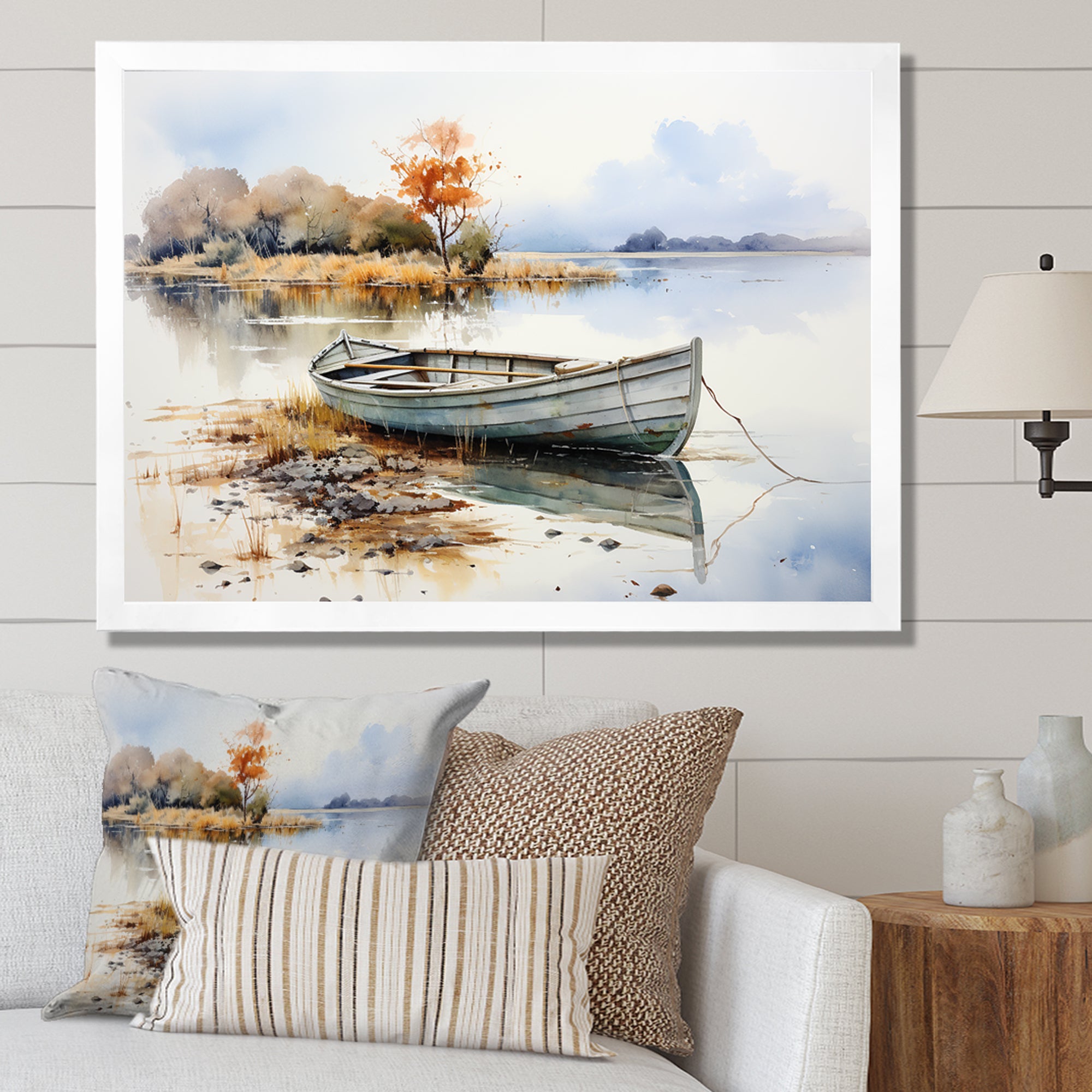 Blue and orange Autumn Tranquility Fishing Boat - Boat Fishing Canvas Wall Art