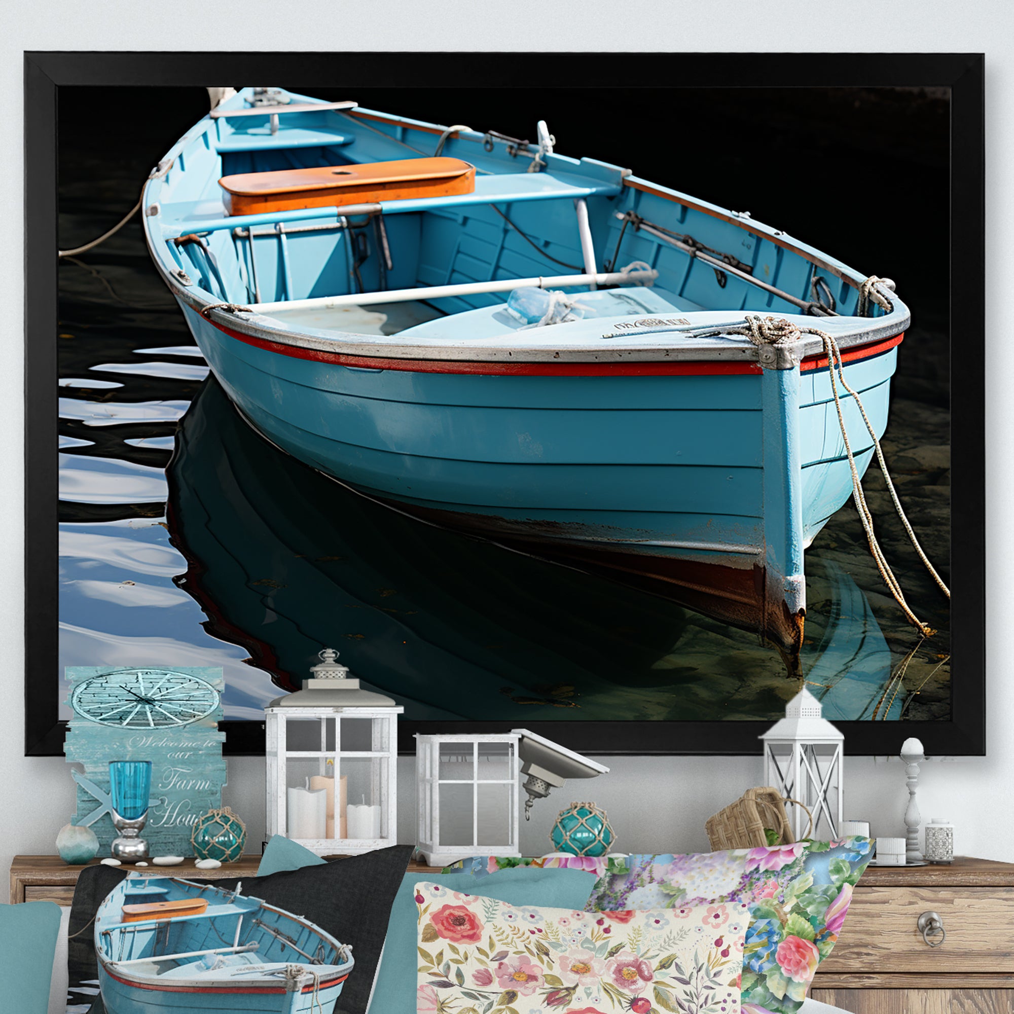 Blue and red Fishing boat expedition - Boat Fishing Canvas Wall Art