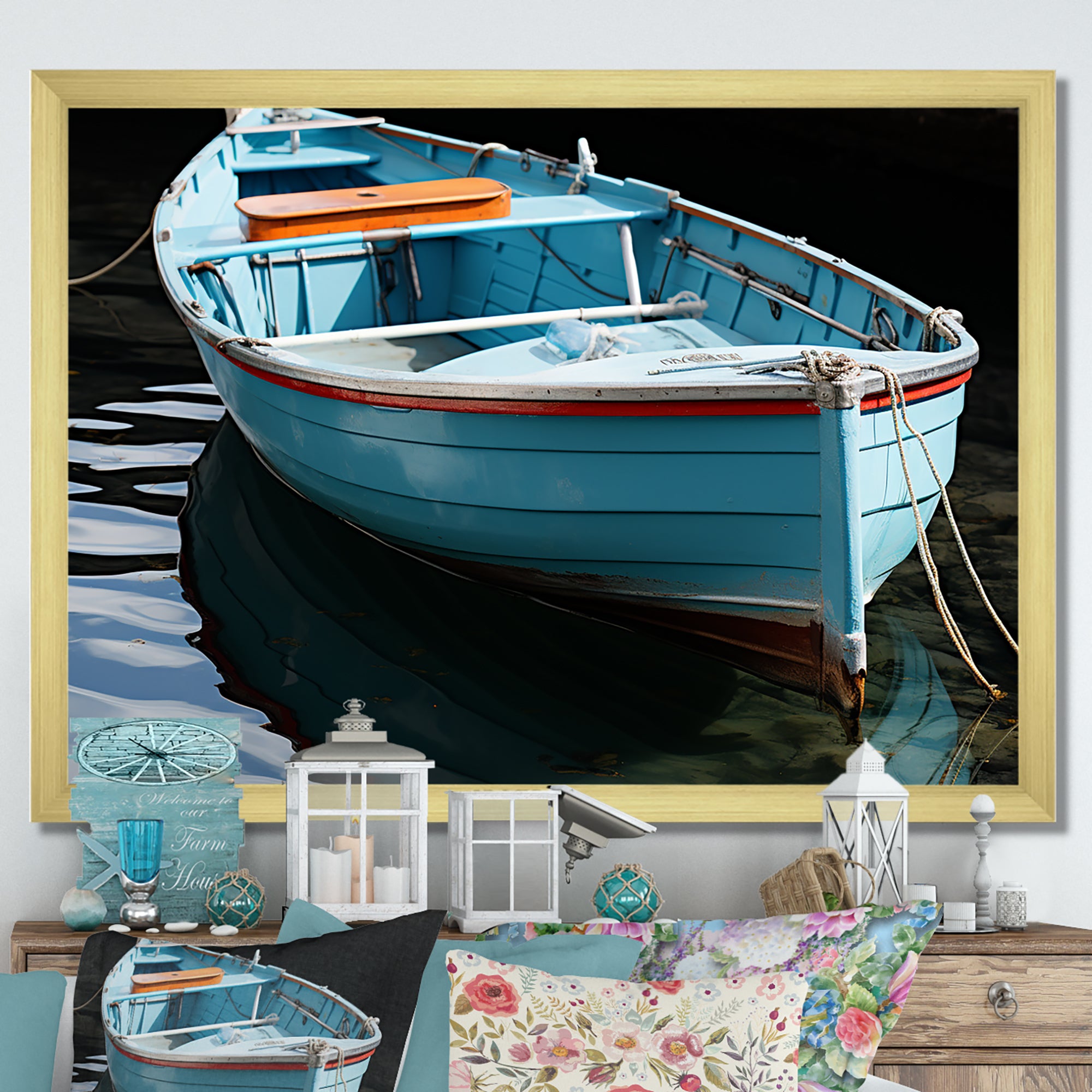 Blue and red Fishing boat expedition - Boat Fishing Canvas Wall Art