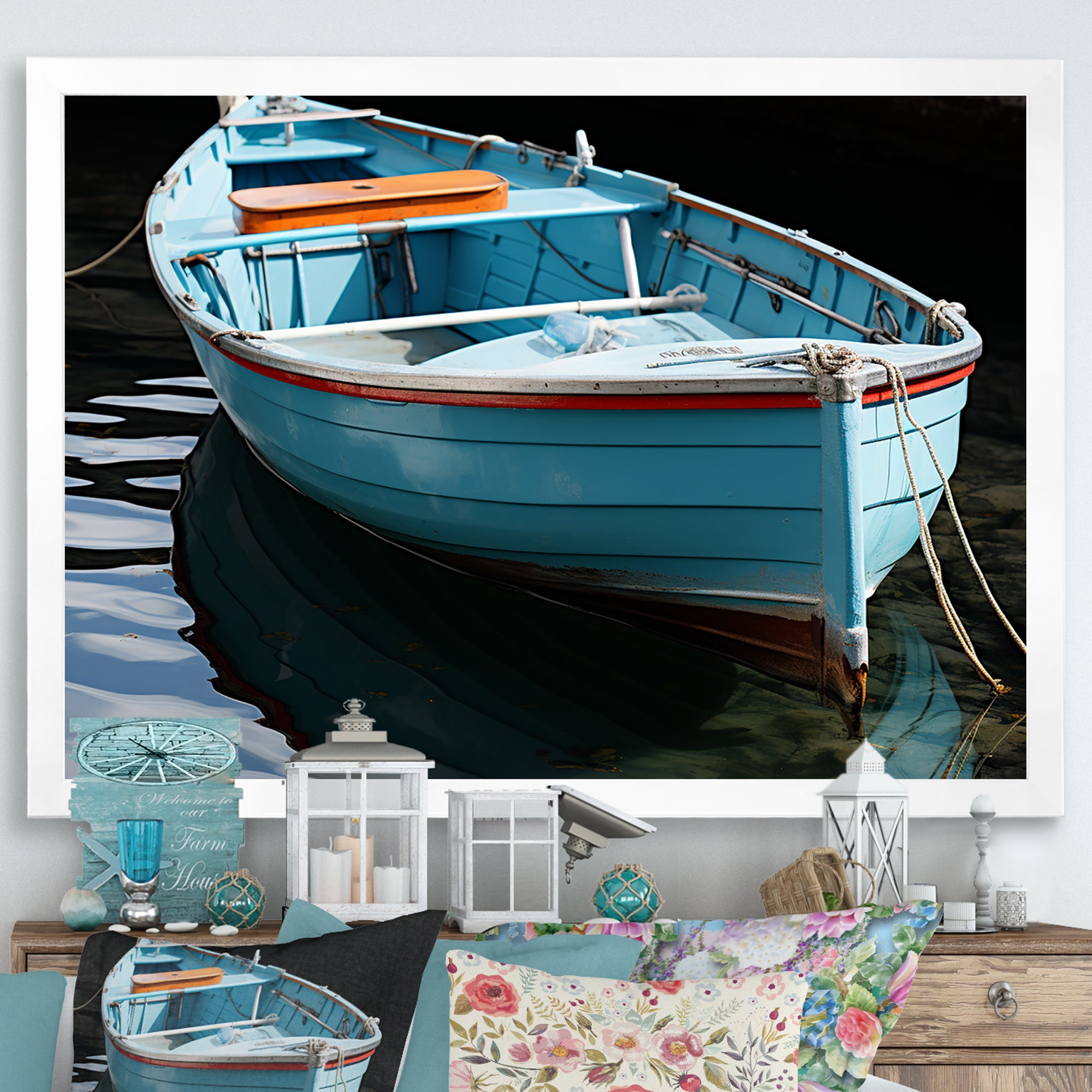 Blue and red Fishing boat expedition - Boat Fishing Canvas Wall Art