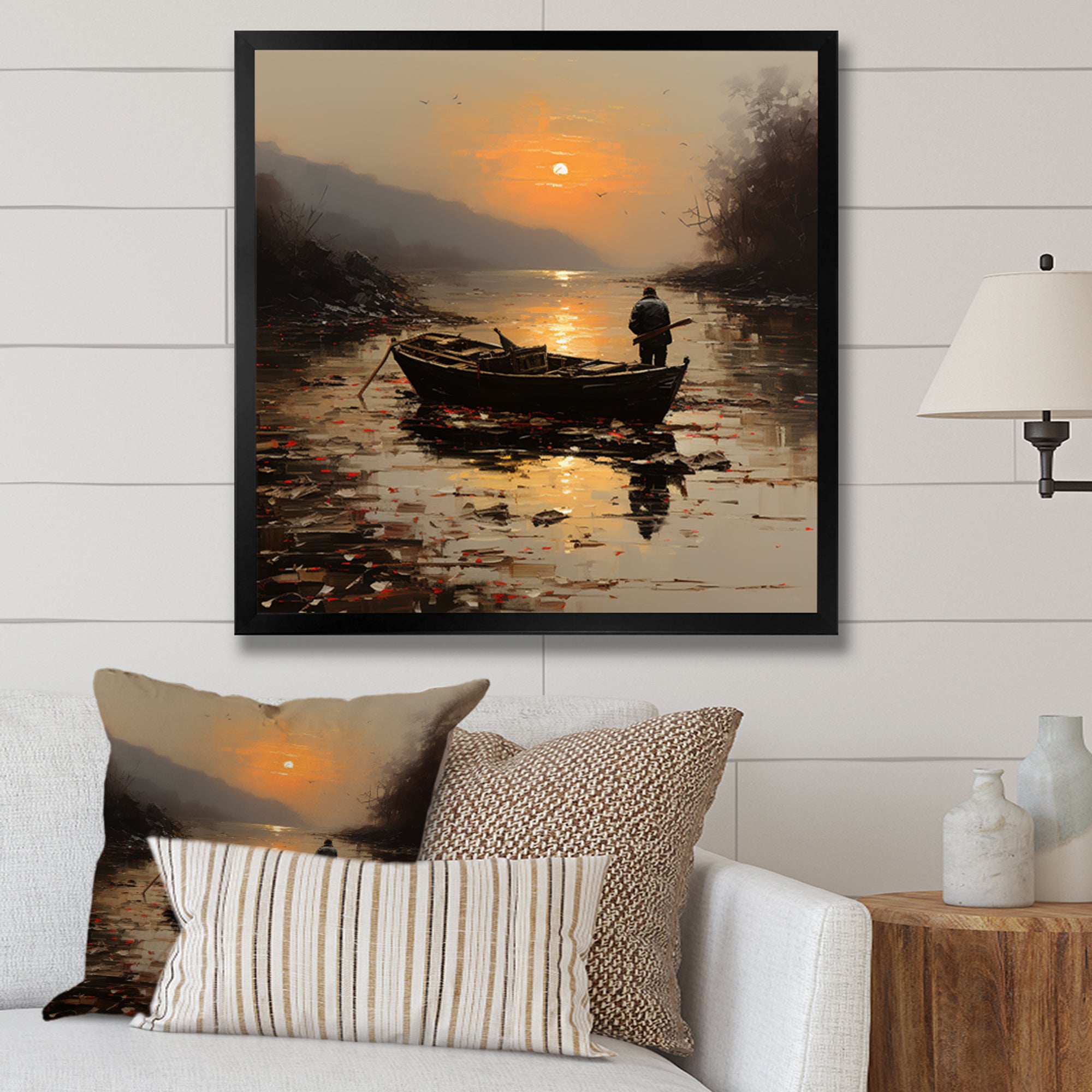Orange and brown Moonlit Fishing by the lake - Boat Fishing Canvas Wall Art