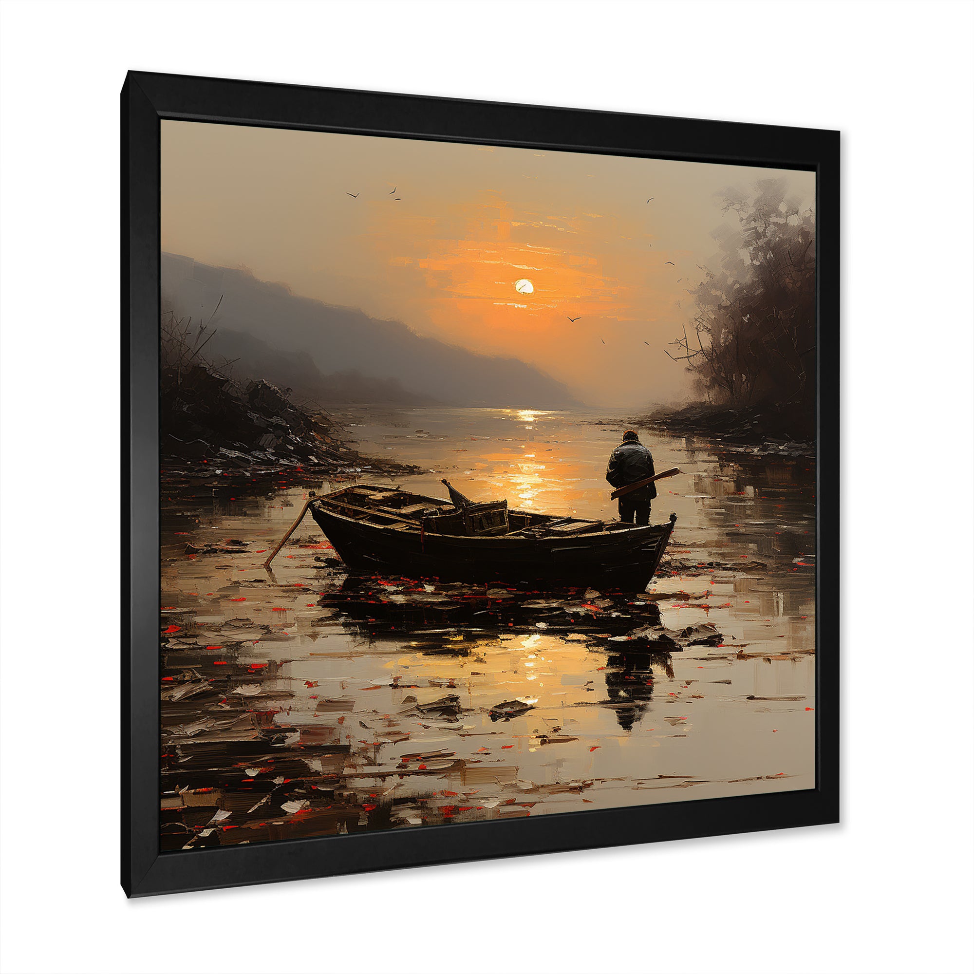 Orange and brown Moonlit Fishing by the lake - Boat Fishing Canvas Wall Art