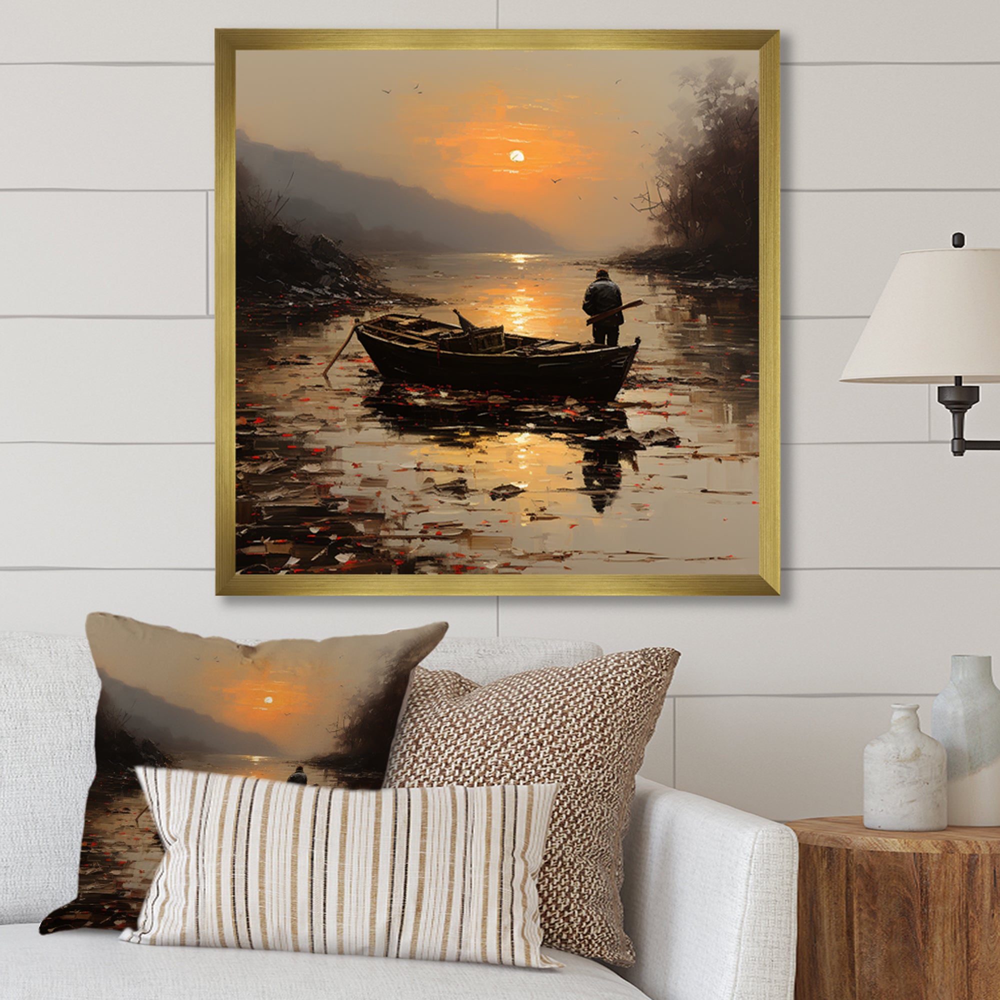 Orange and brown Moonlit Fishing by the lake - Boat Fishing Canvas Wall Art