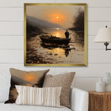 Orange and brown Moonlit Fishing by the lake - Boat Fishing Canvas Wall Art