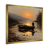 Orange and brown Moonlit Fishing by the lake - Boat Fishing Canvas Wall Art