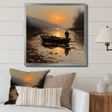 Orange and brown Moonlit Fishing by the lake - Boat Fishing Canvas Wall Art
