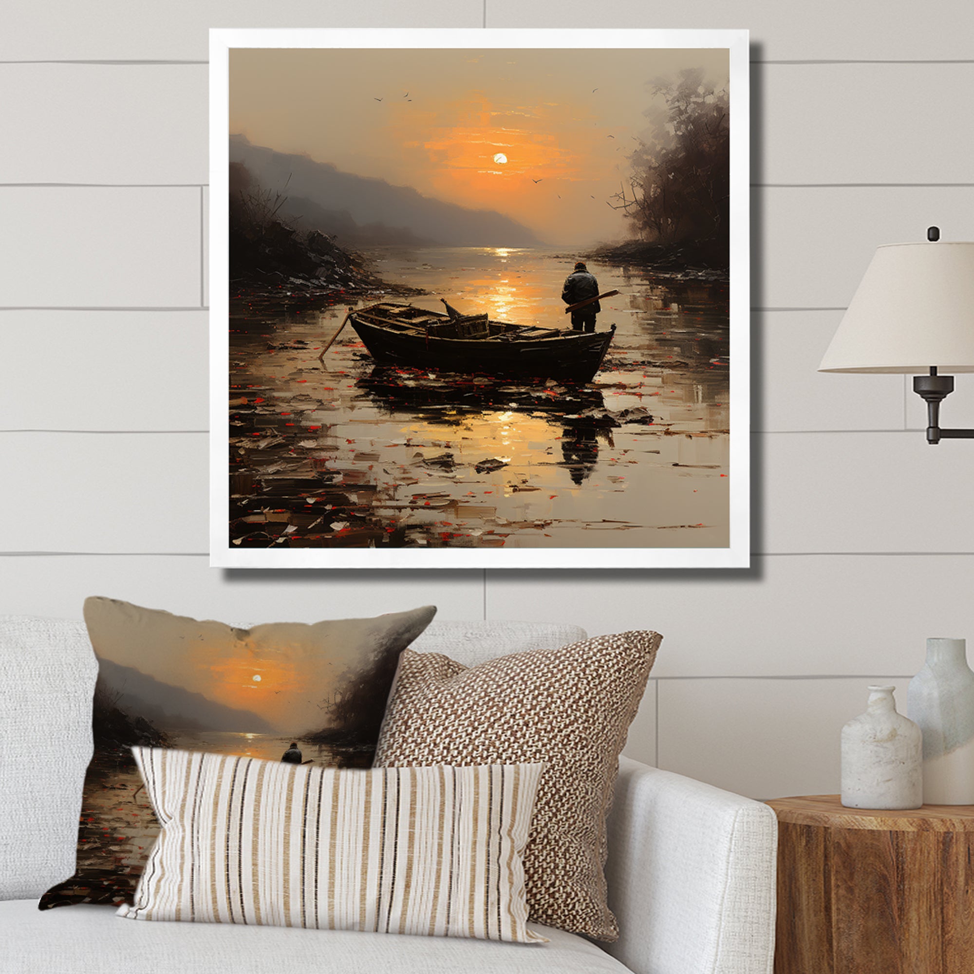 Orange and brown Moonlit Fishing by the lake - Boat Fishing Canvas Wall Art