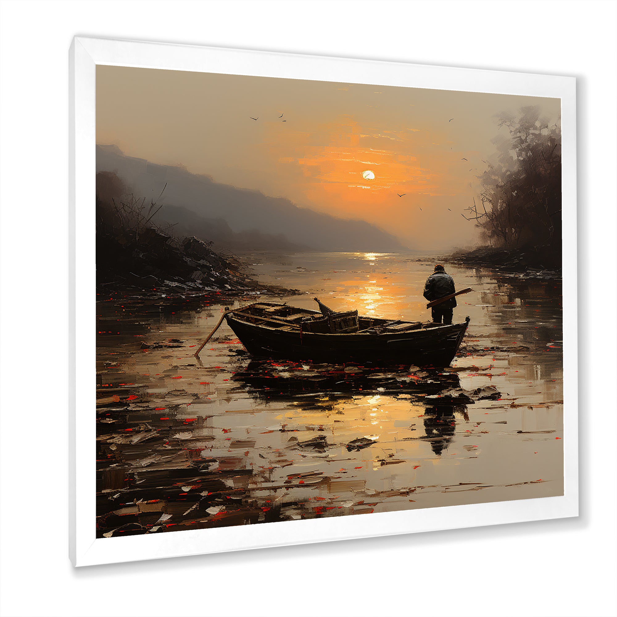 Orange and brown Moonlit Fishing by the lake - Boat Fishing Canvas Wall Art