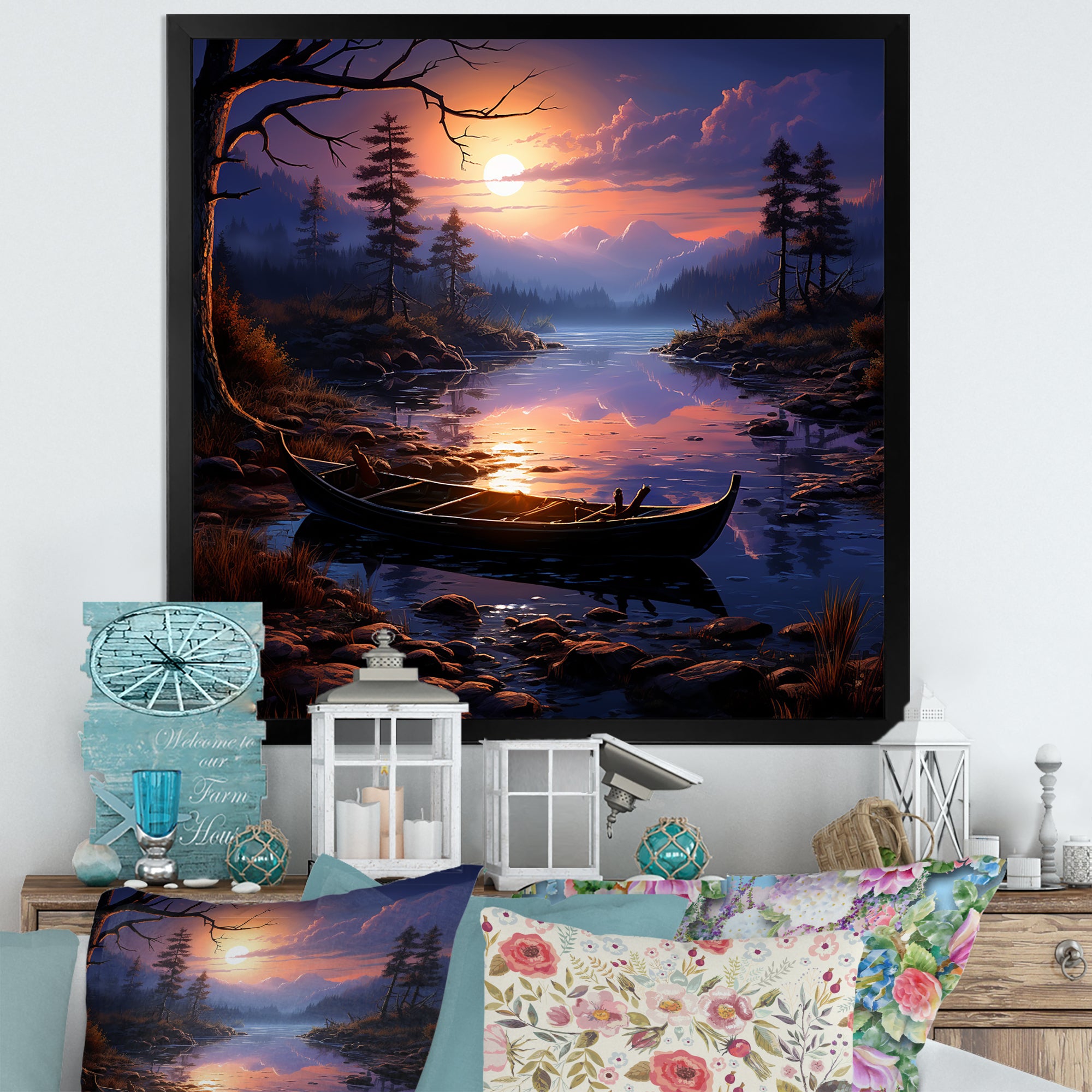 Purple and orange Moonlit Fishing Voyage - Boat Fishing Canvas Wall Art