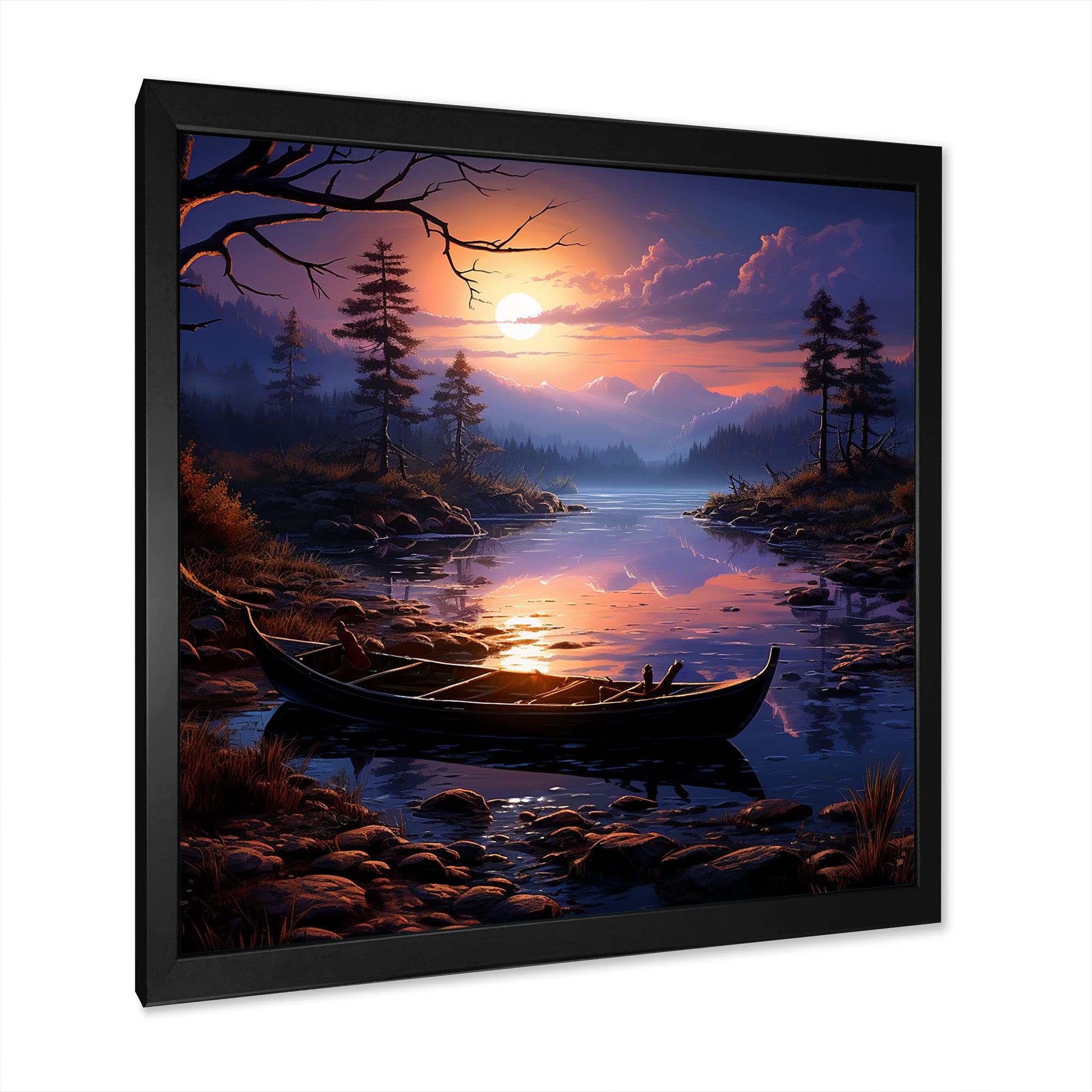 Purple and orange Moonlit Fishing Voyage - Boat Fishing Canvas Wall Art