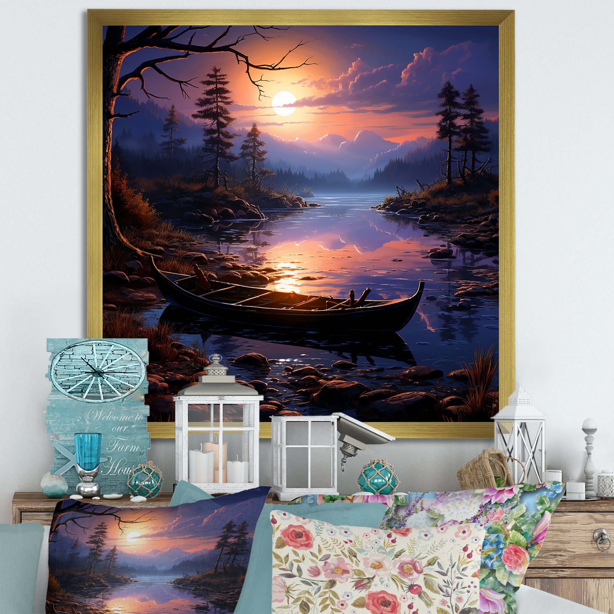 Purple and orange Moonlit Fishing Voyage - Boat Fishing Canvas Wall Art