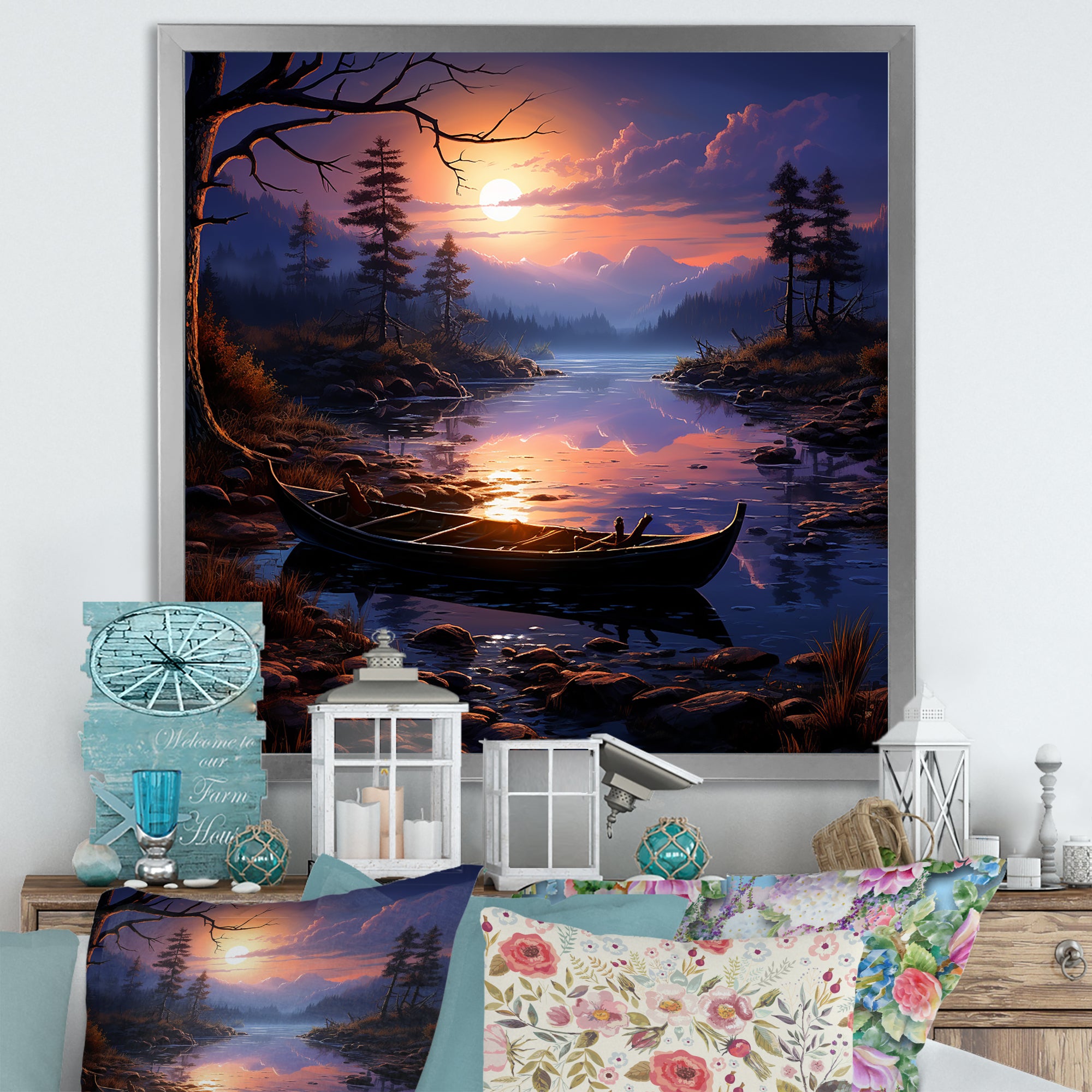 Purple and orange Moonlit Fishing Voyage - Boat Fishing Canvas Wall Art