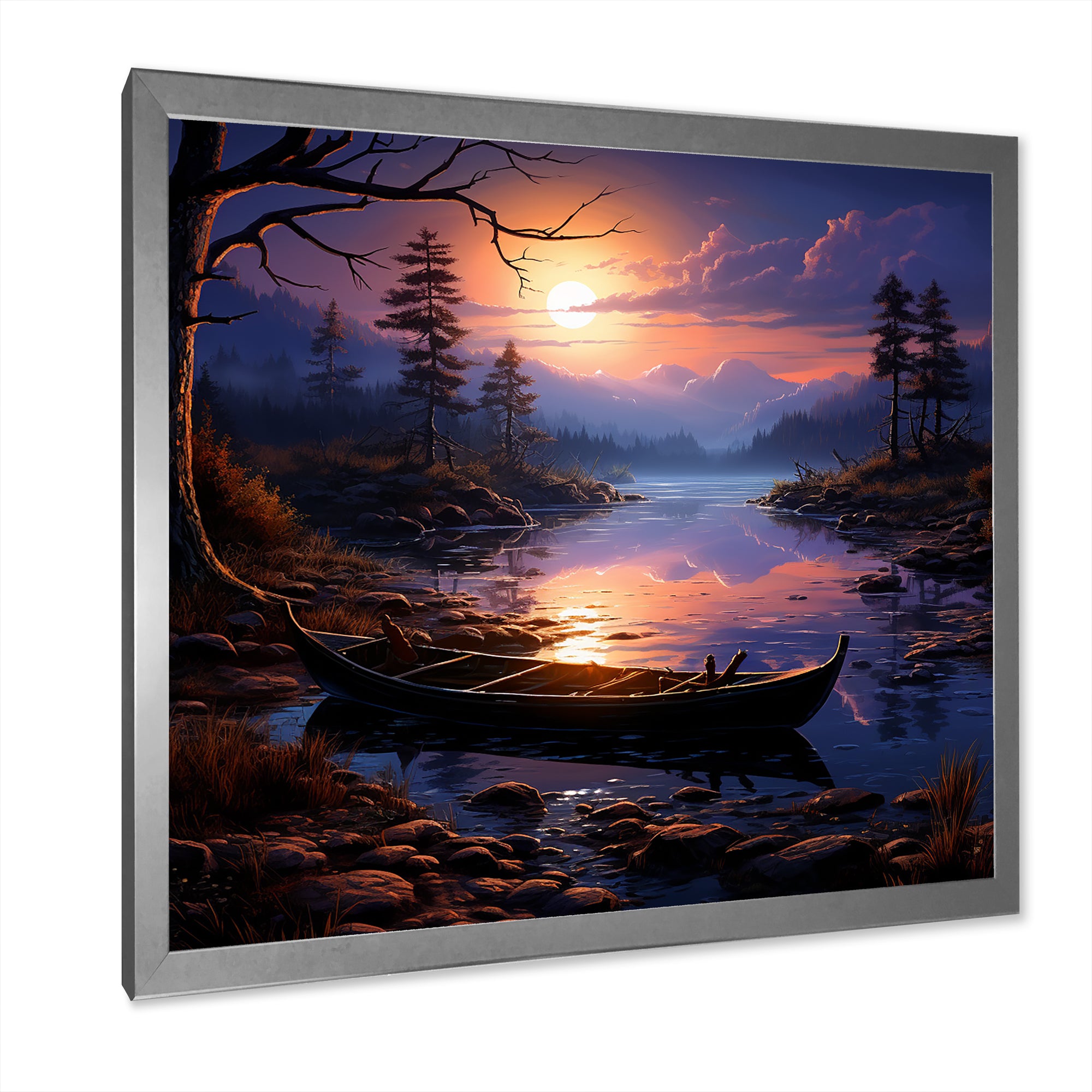 Purple and orange Moonlit Fishing Voyage - Boat Fishing Canvas Wall Art