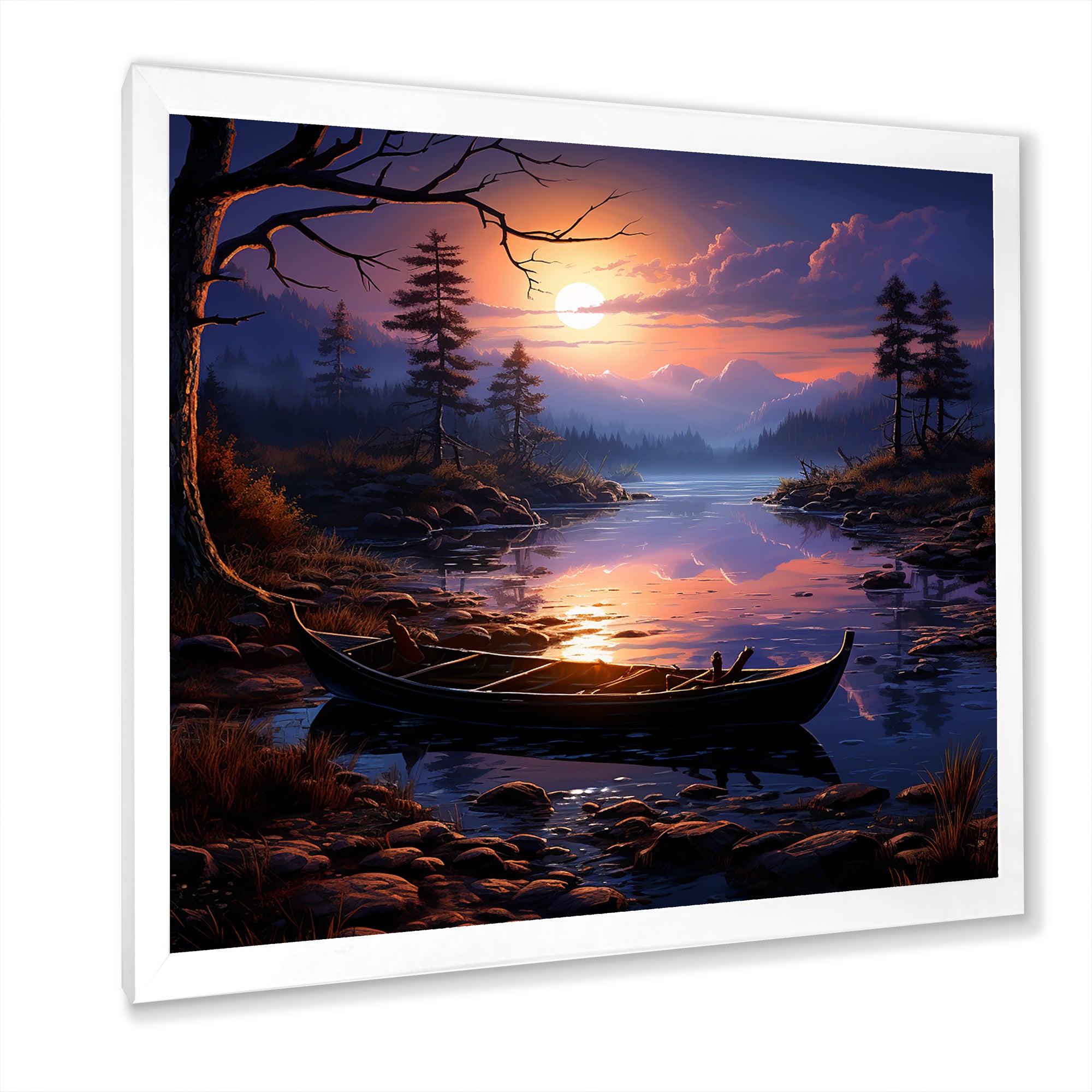 Purple and orange Moonlit Fishing Voyage - Boat Fishing Canvas Wall Art