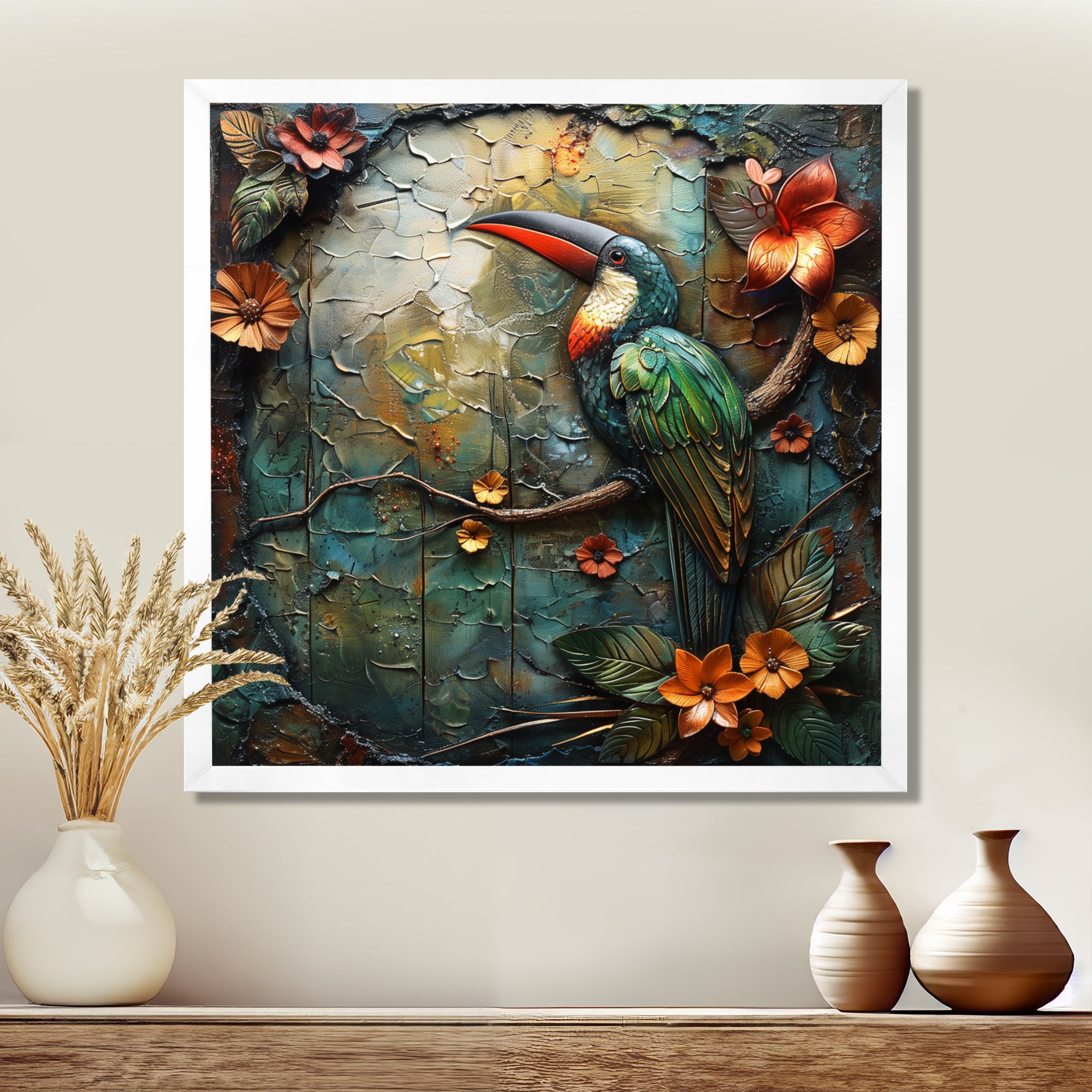 Green orange Rainforest Radiance Toucan - Green Parrot Wall Art