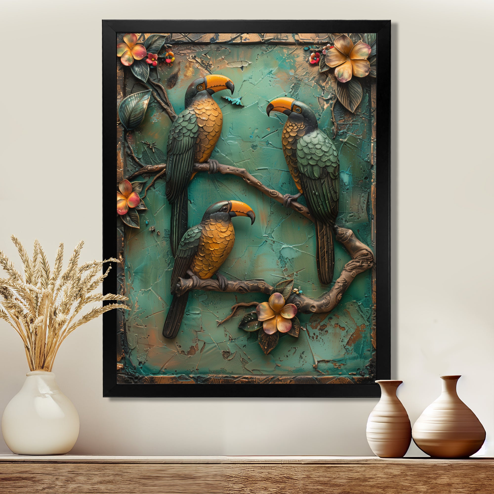 Yellow green Rainforest Radiance Toucans - Parrot Framed Canvas Art