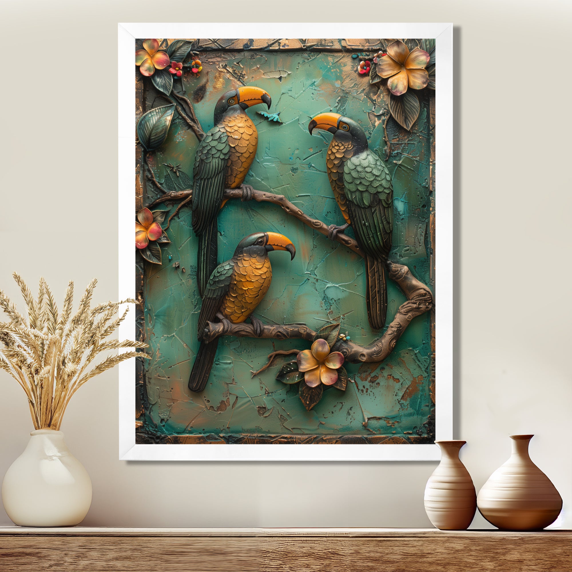 Yellow green Rainforest Radiance Toucans - Parrot Framed Canvas Art