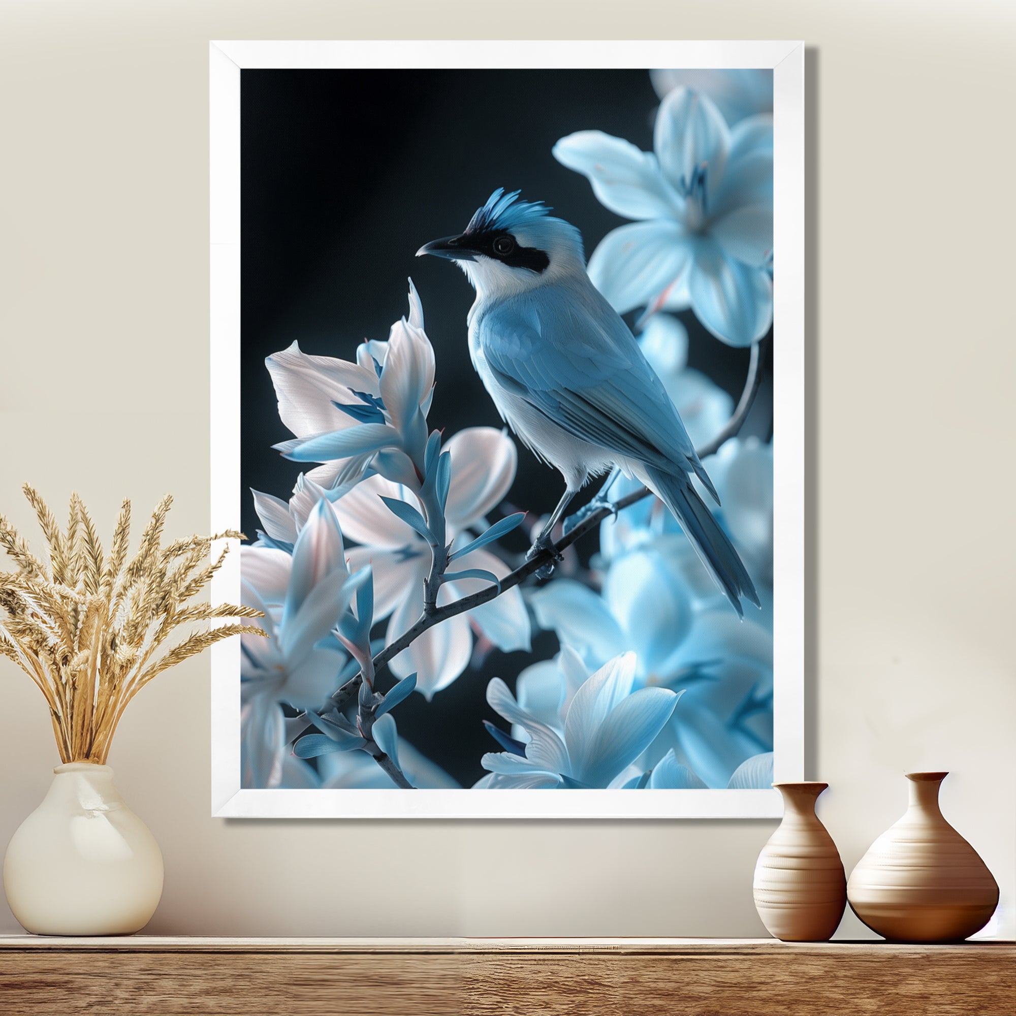 Blue black Tropical Oasis Bird blooms - Bird Home Decor Art