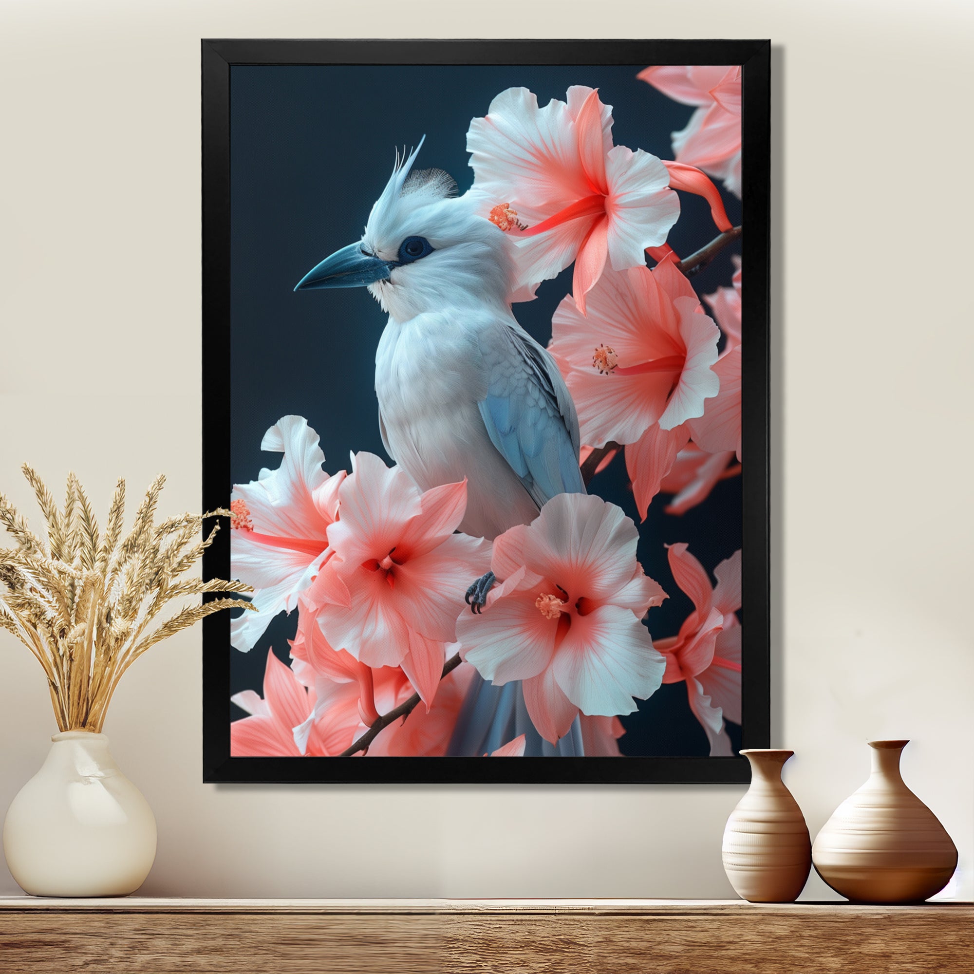 Pink white Tropical Oasis Bird blooms - Bird Living Room Wall Art