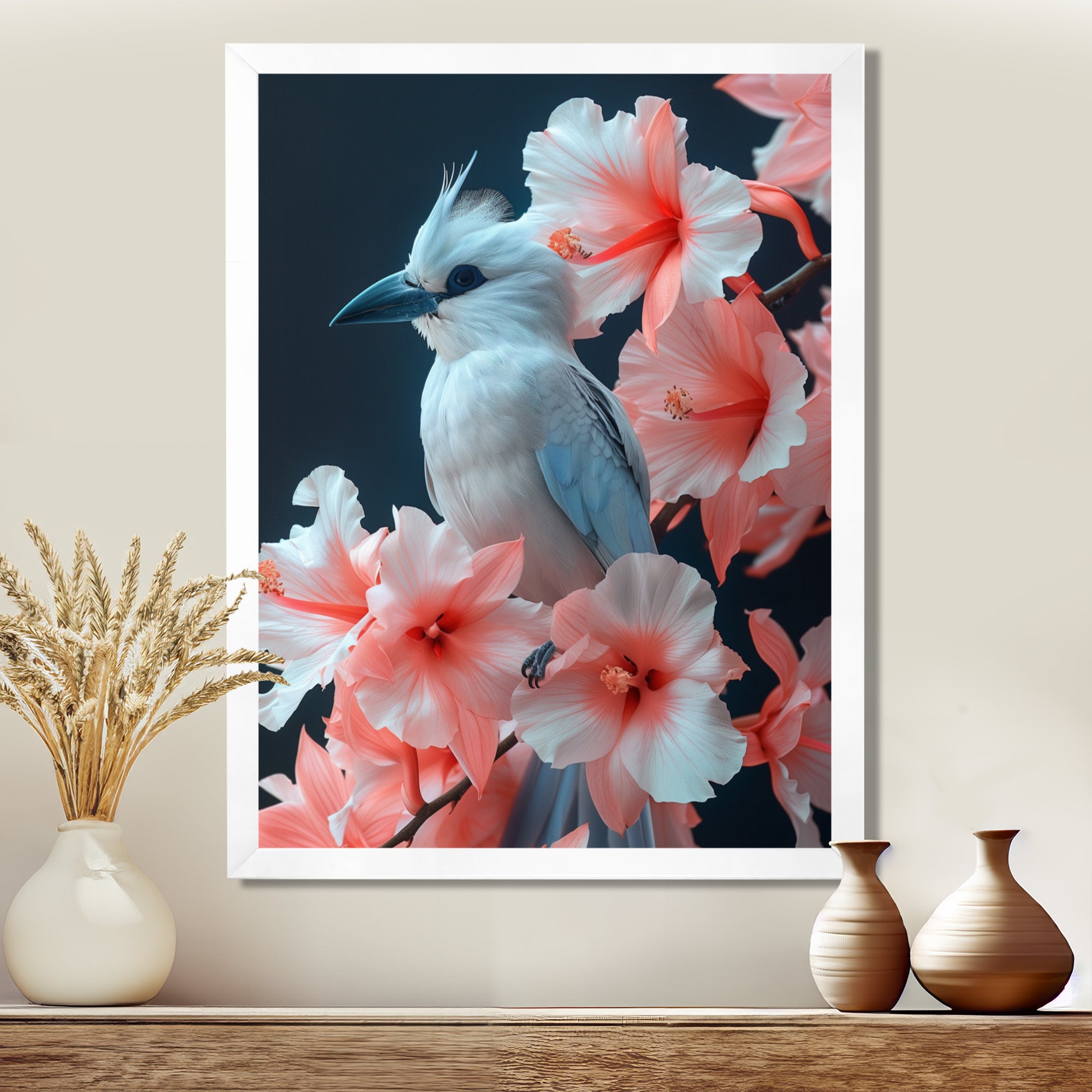 Pink white Tropical Oasis Bird blooms - Bird Living Room Wall Art