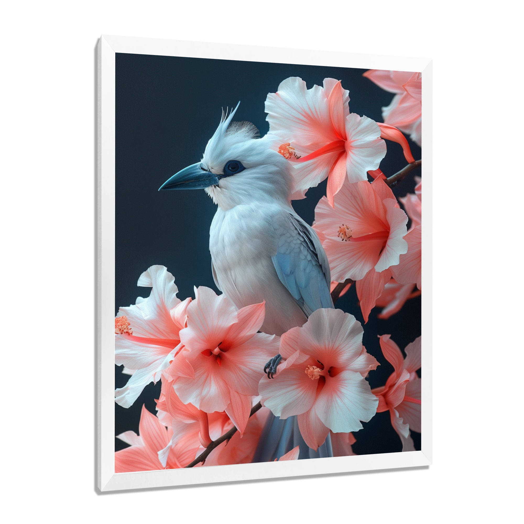 Pink white Tropical Oasis Bird blooms - Bird Living Room Wall Art