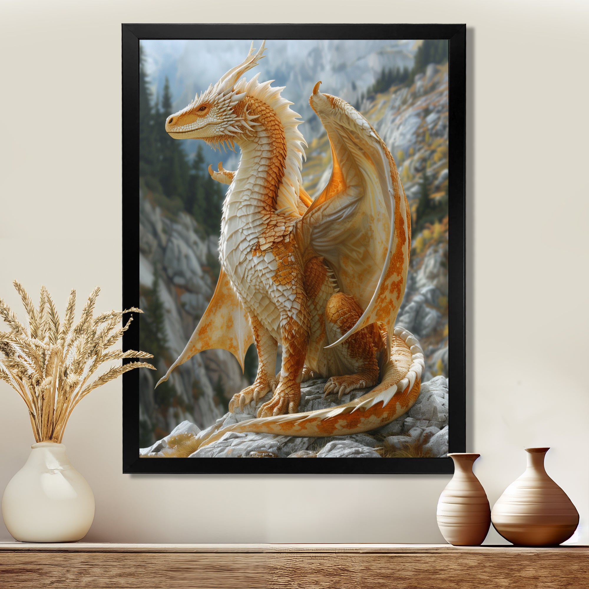 Yellow white Golden Wings Dragon - Dragons Large Canvas Wall Art