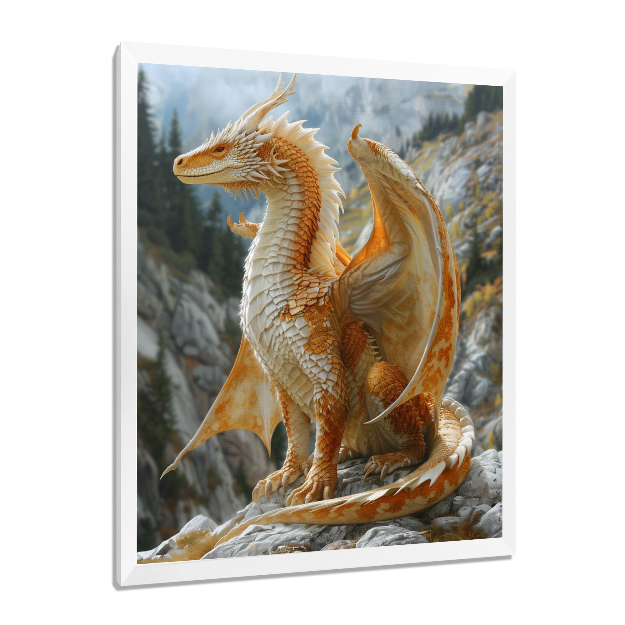 Yellow white Golden Wings Dragon - Dragons Large Canvas Wall Art