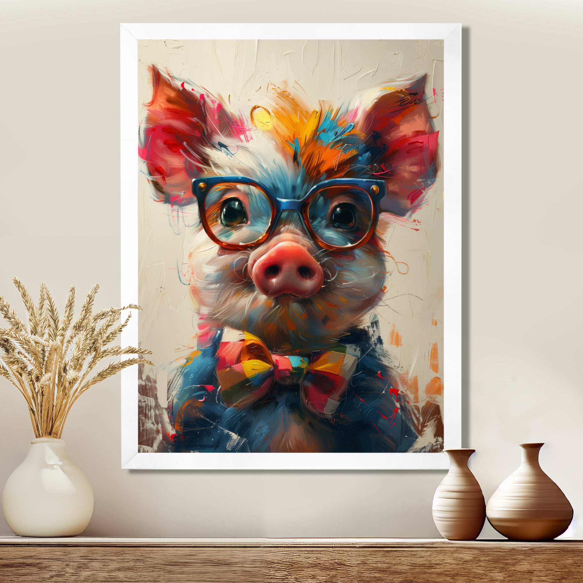 Curious green pink pig portrait - Pig Framed Canvas Art