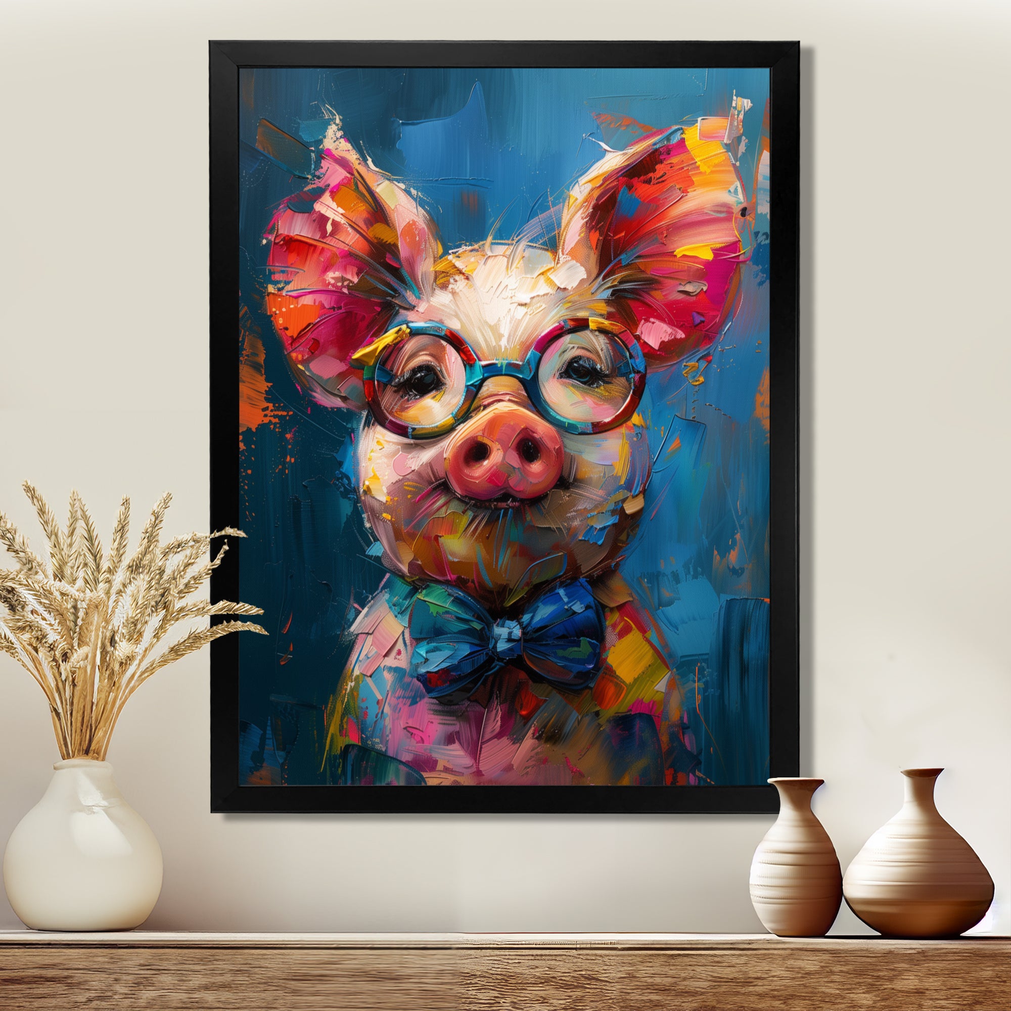 Curious blue pink pig portrait - Pig Large Canvas Wall Art