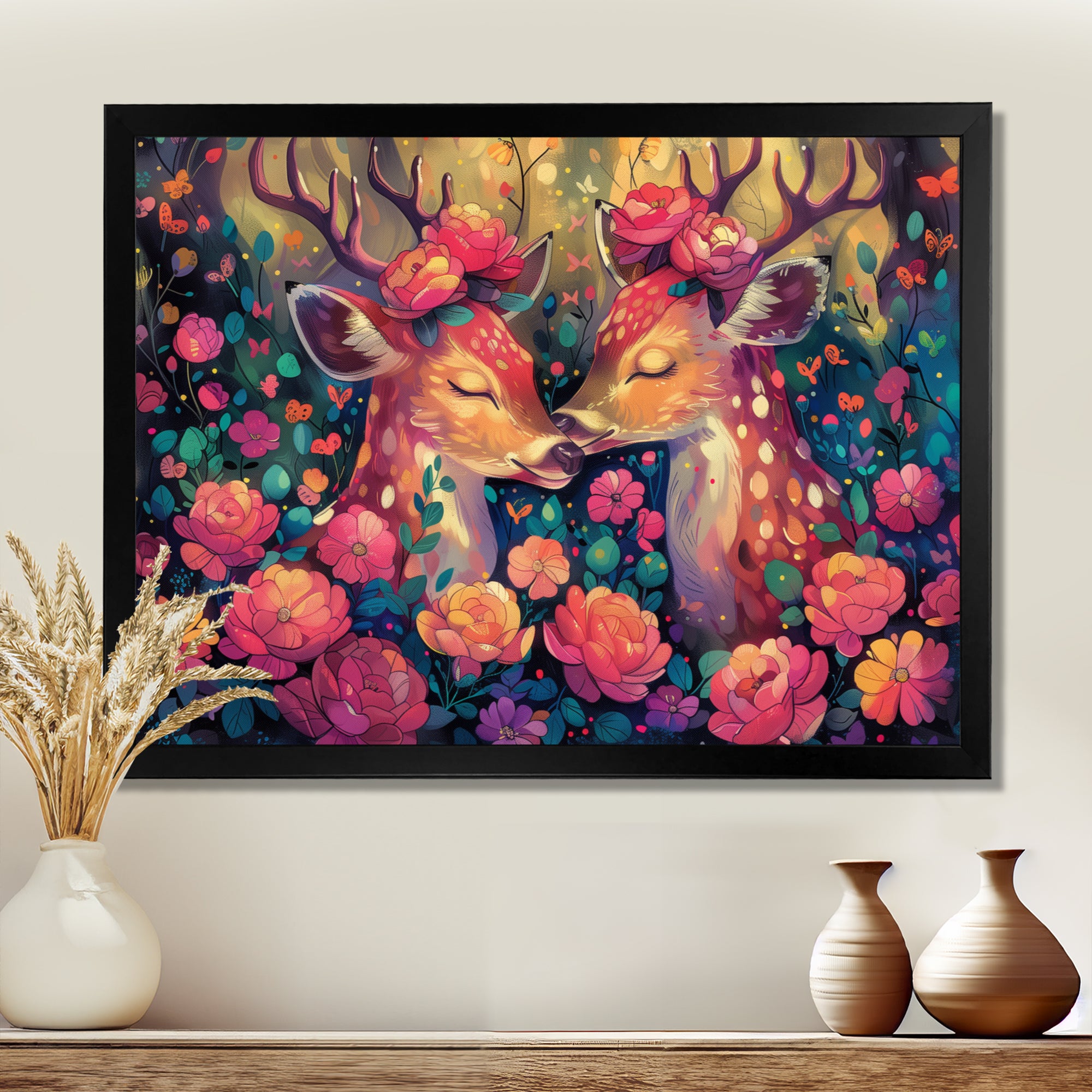 Pink green floral deer forest - Deer Framed Canvas Art