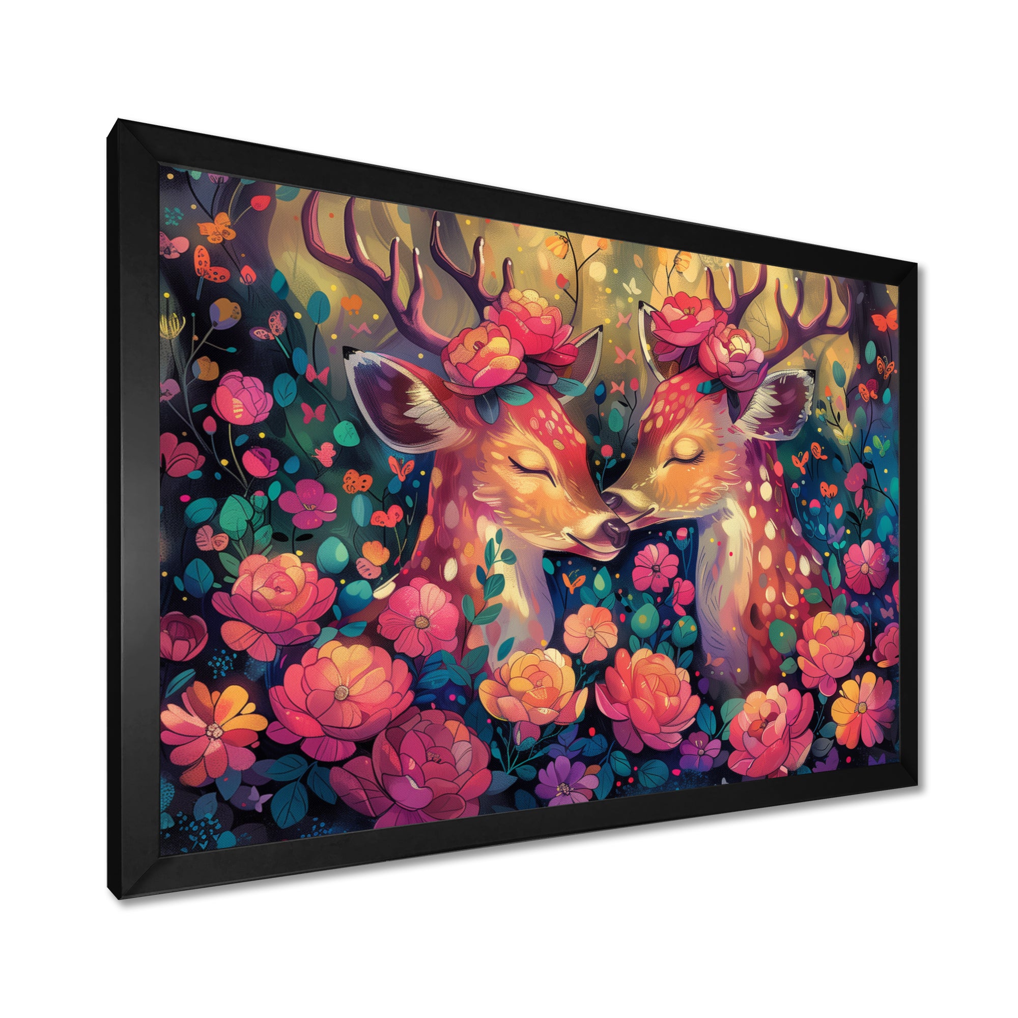 Pink green floral deer forest - Deer Framed Canvas Art