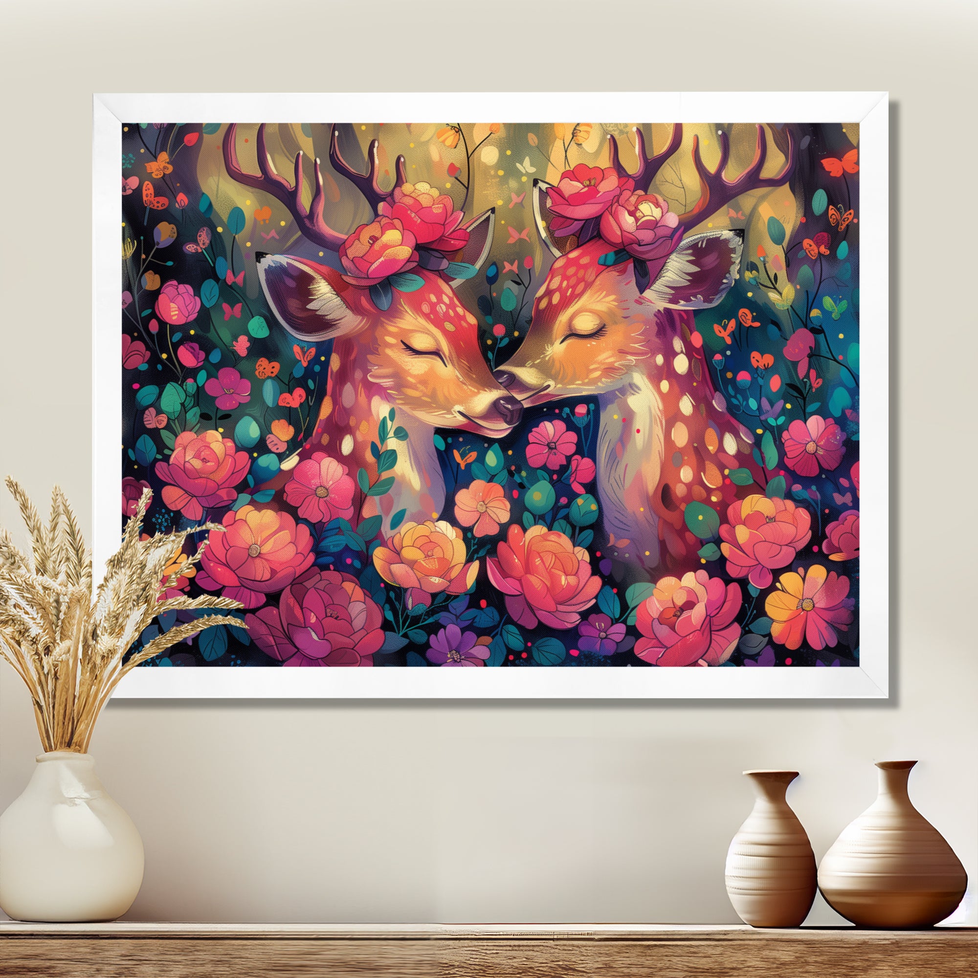 Pink green floral deer forest - Deer Framed Canvas Art