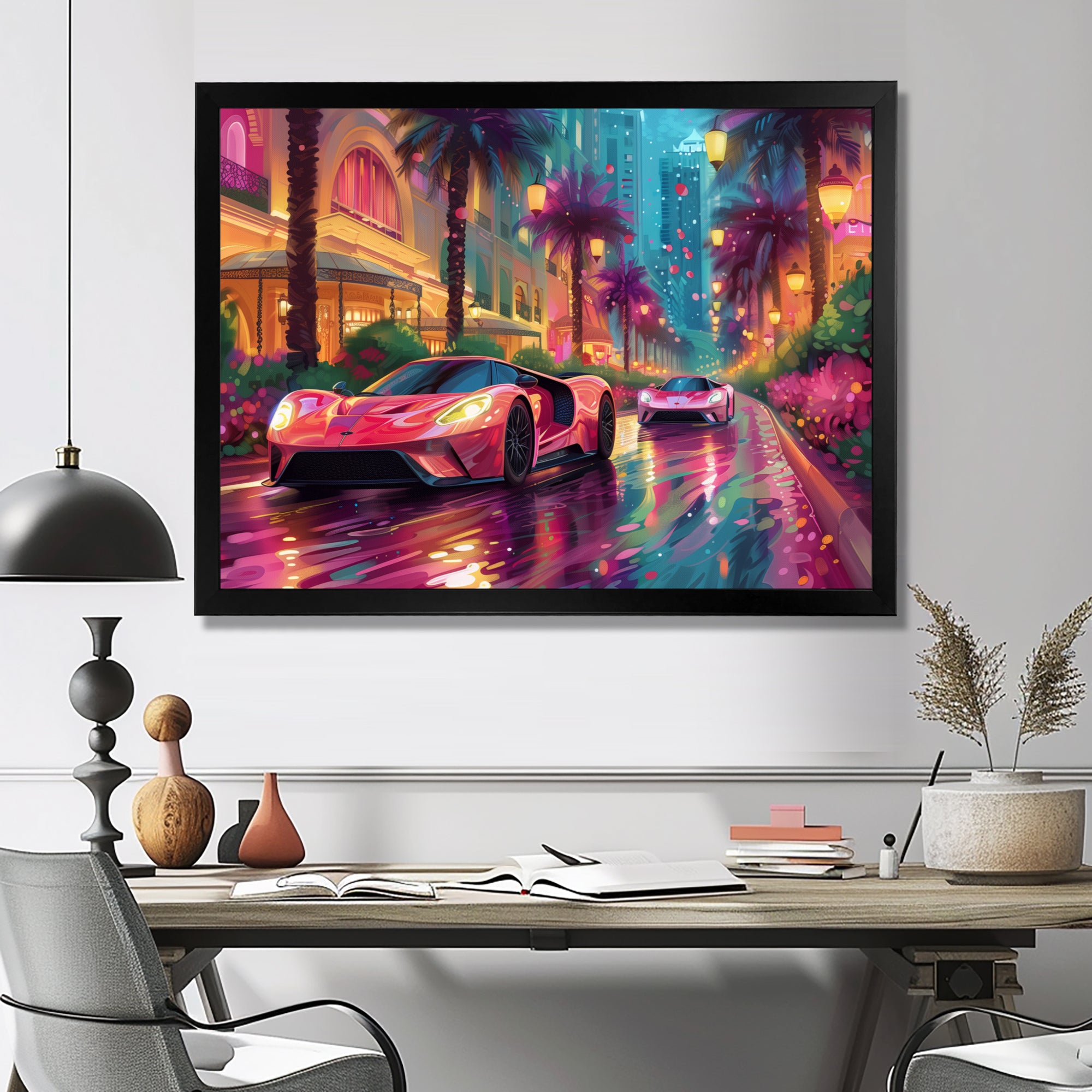 Pink blue Miami exotic cars - Car Exotic Canvas Wall Art
