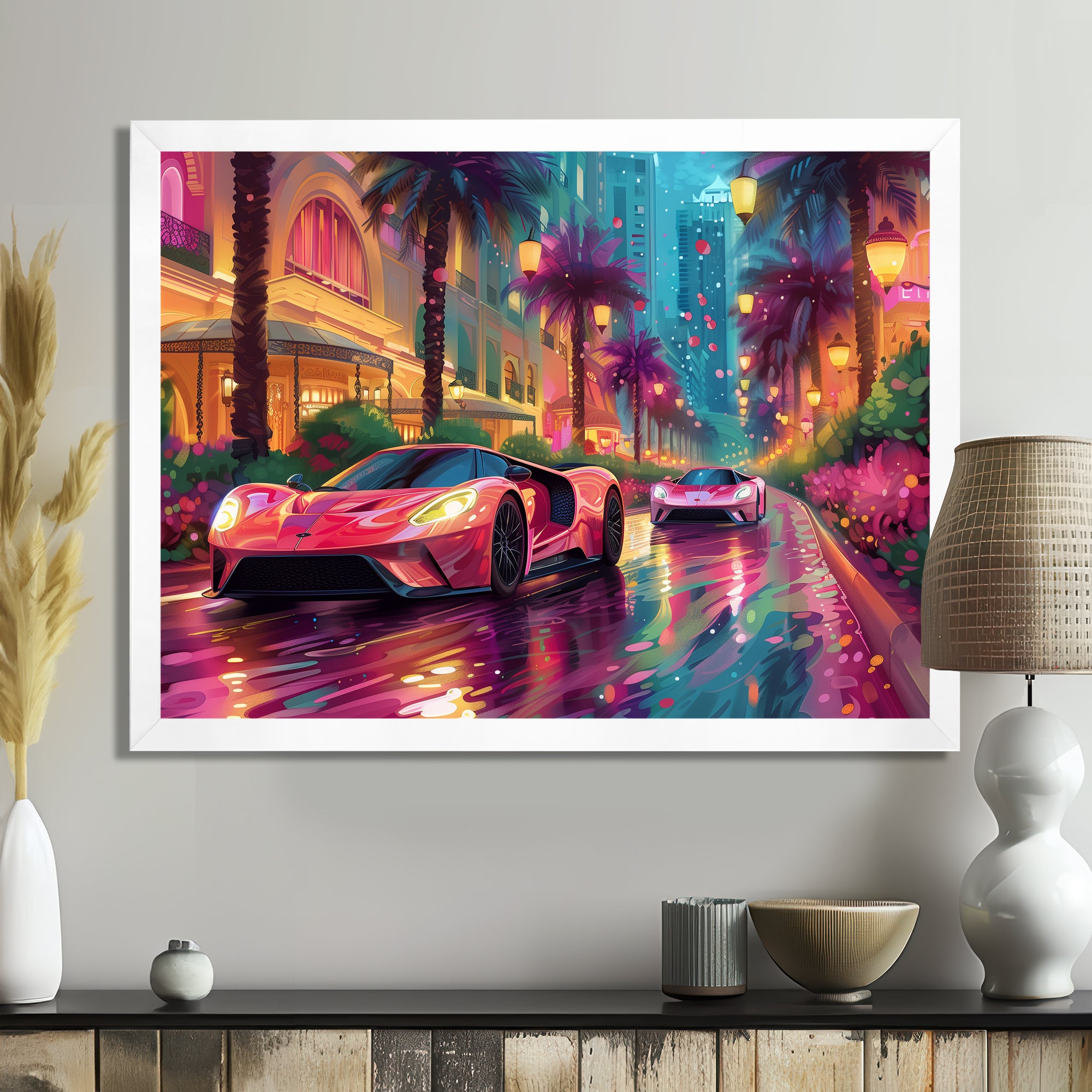 Pink blue Miami exotic cars - Car Exotic Canvas Wall Art