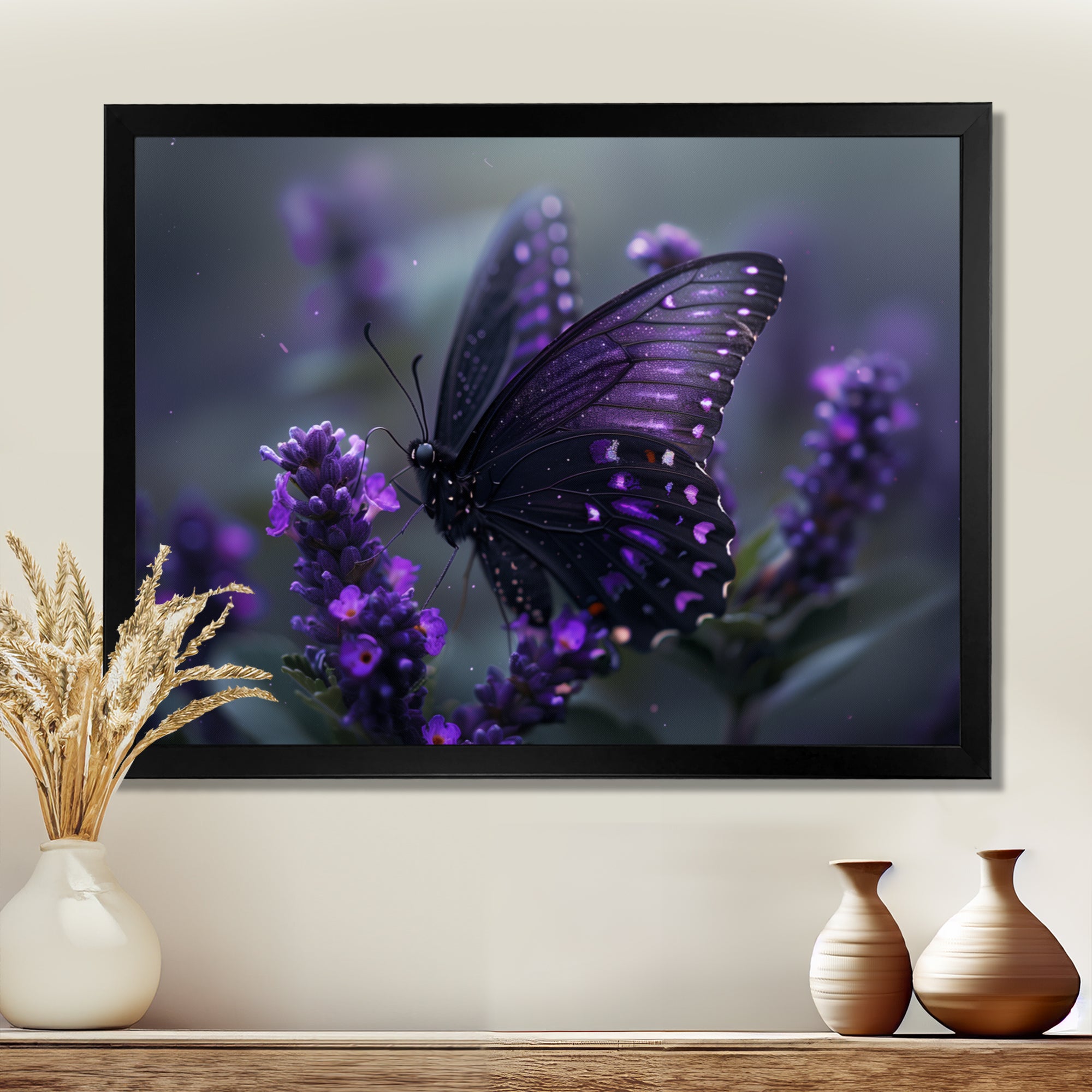 Purple black Butterfly beauty on flower - Butterfly Canvas Wall Art