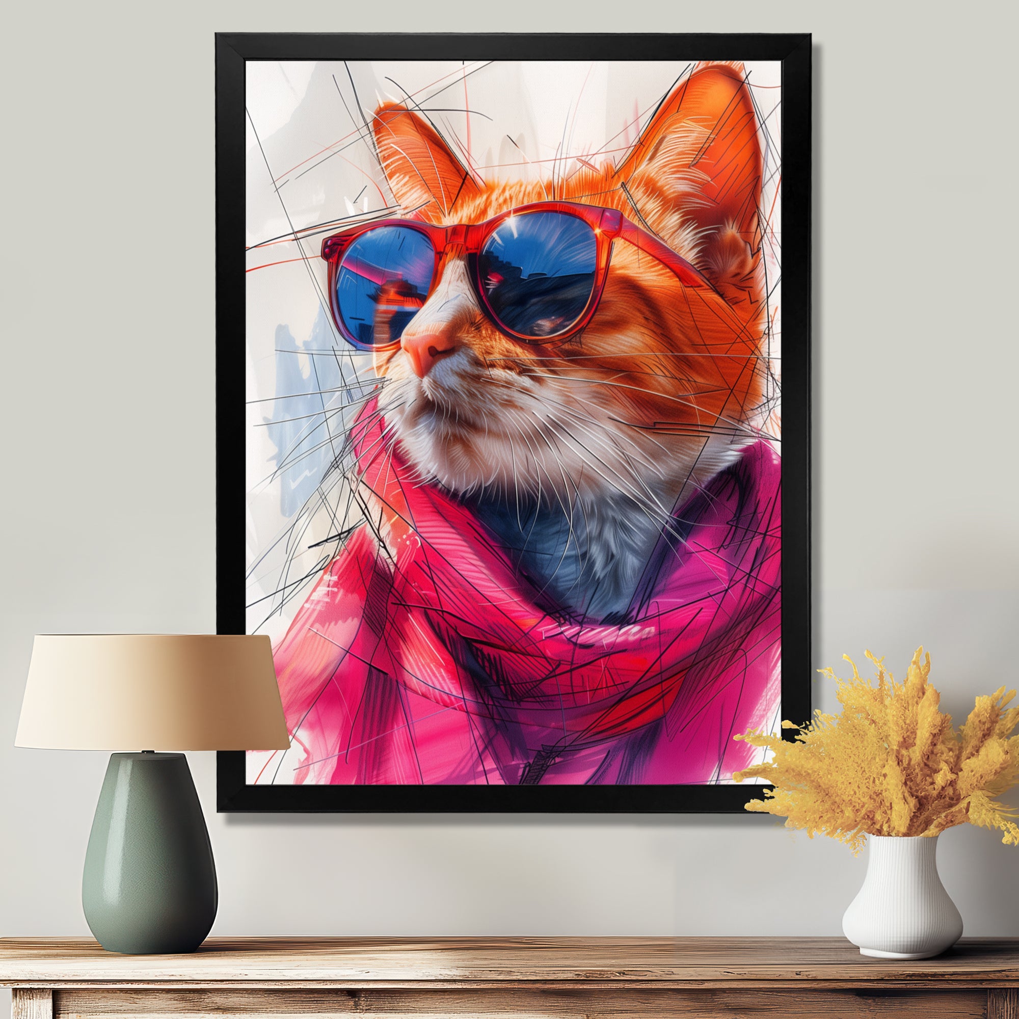 Pink blue curious cat with sunglasses - Cat Canvas Wall Art