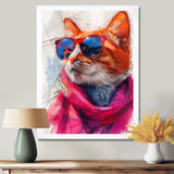 Pink blue curious cat with sunglasses - Cat Canvas Wall Art