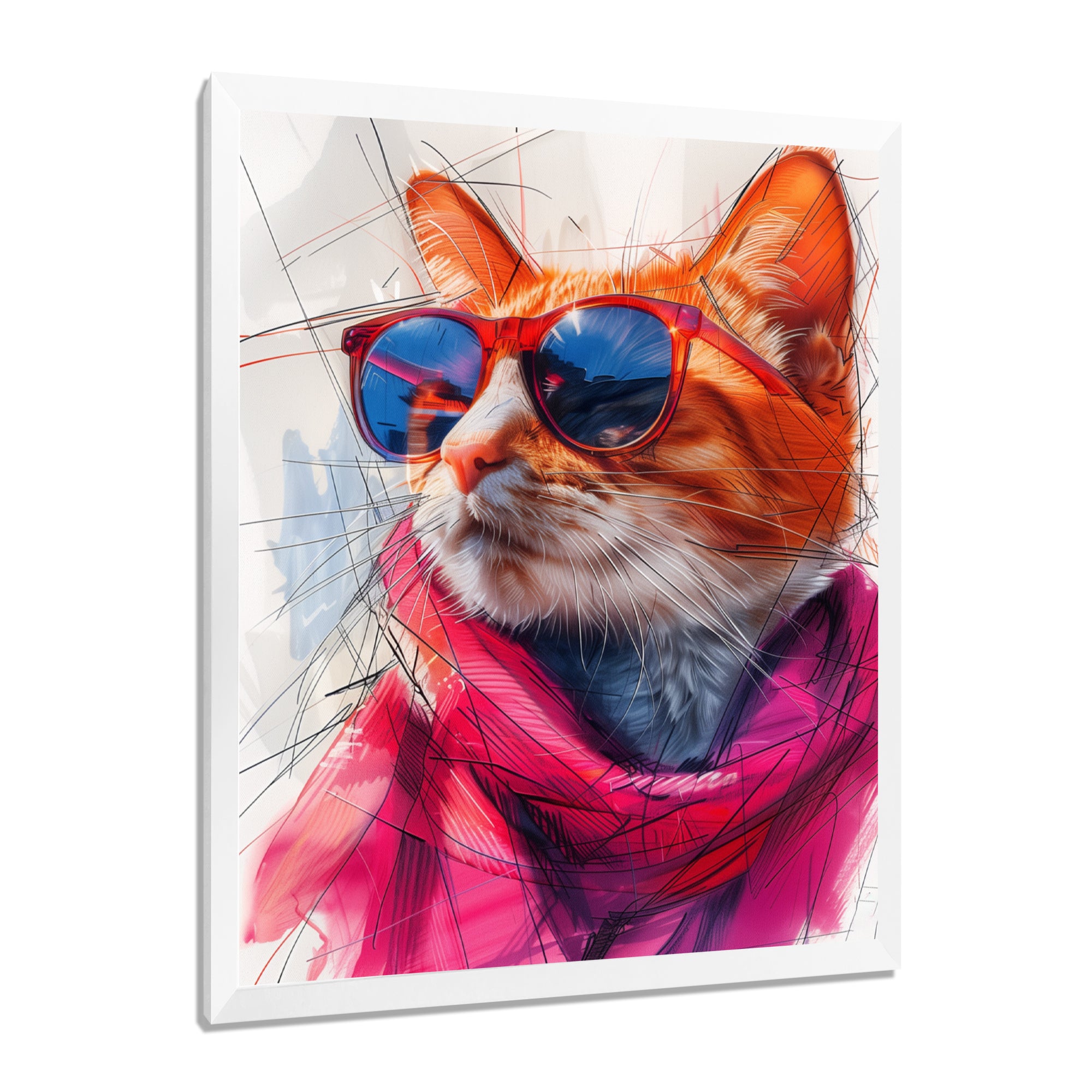 Pink blue curious cat with sunglasses - Cat Canvas Wall Art