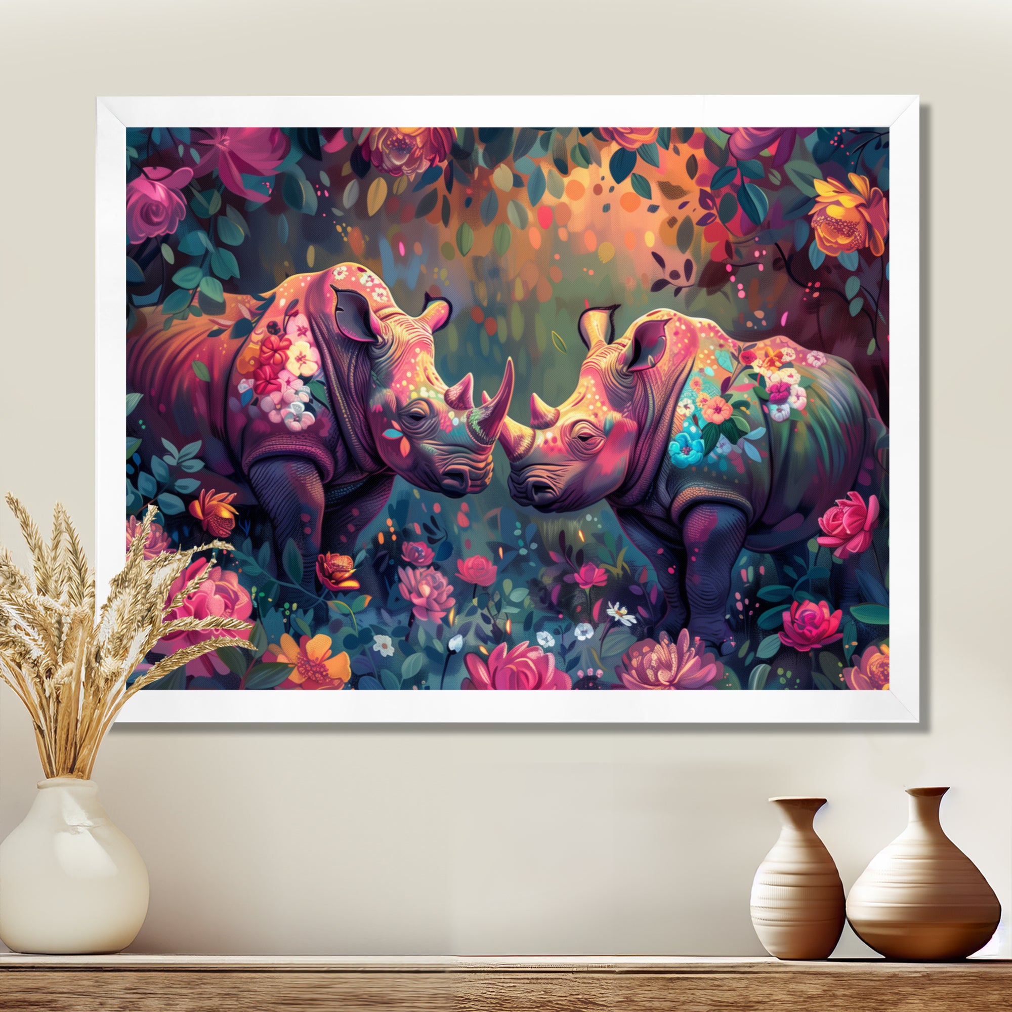 Pink green Rhino wondering dreams - Rhino Wall Decor