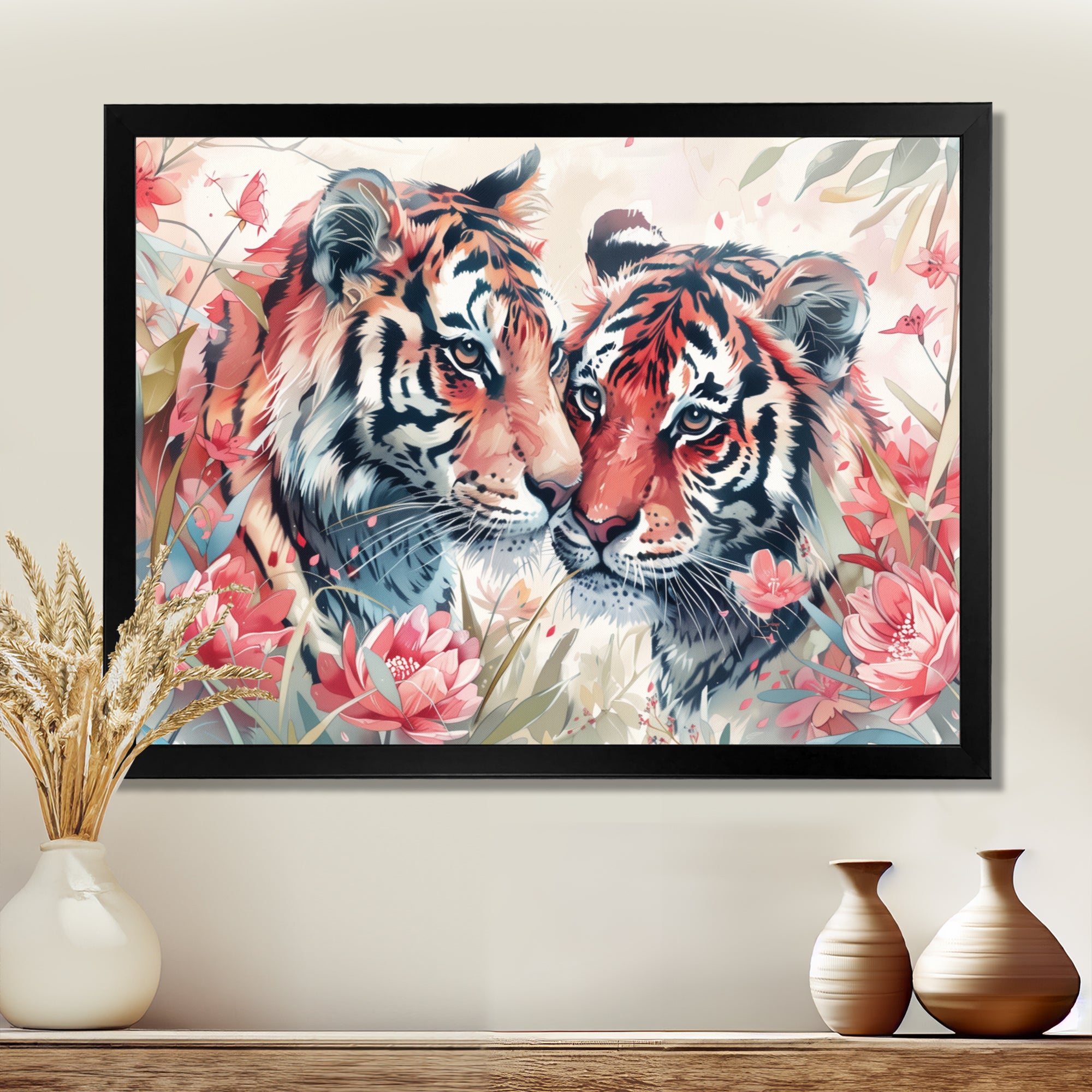 White pink tigers flowers meadows - Tiger Framed Canvas Art