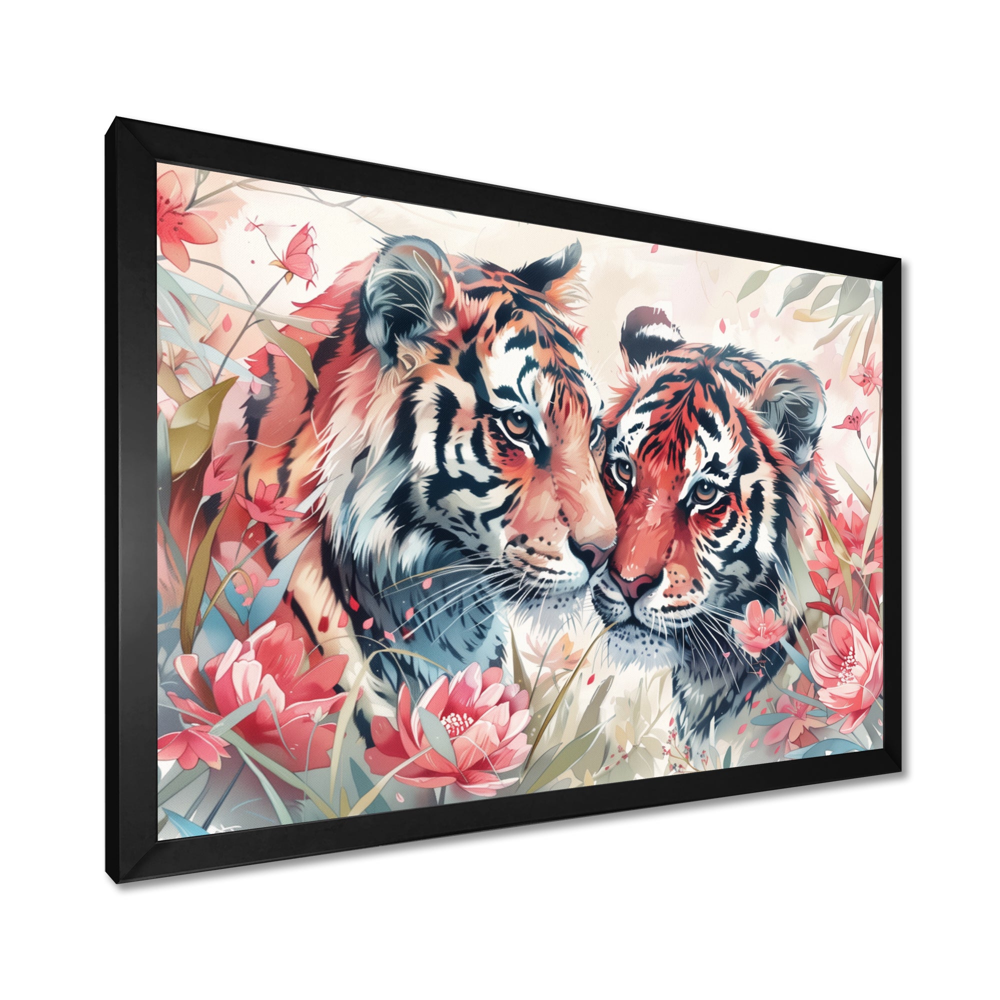 White pink tigers flowers meadows - Tiger Framed Canvas Art