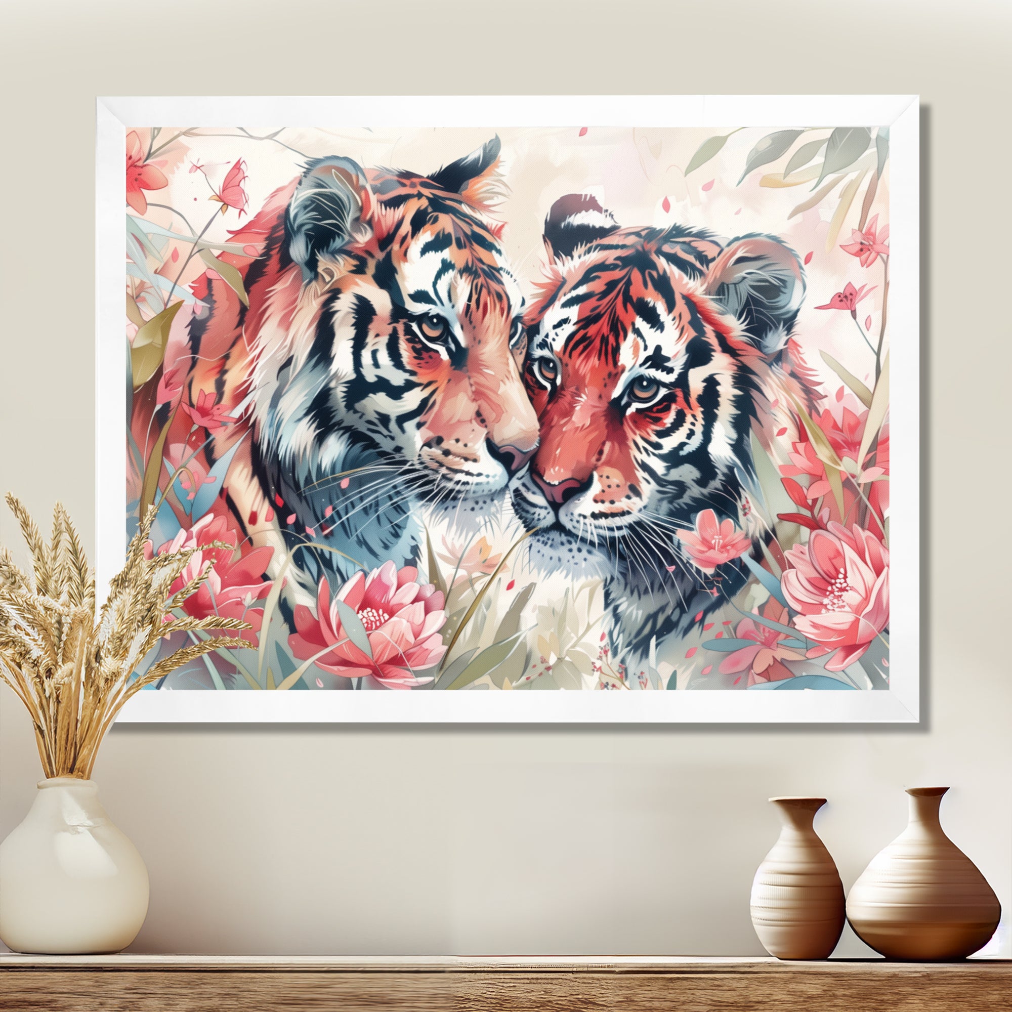 White pink tigers flowers meadows - Tiger Framed Canvas Art