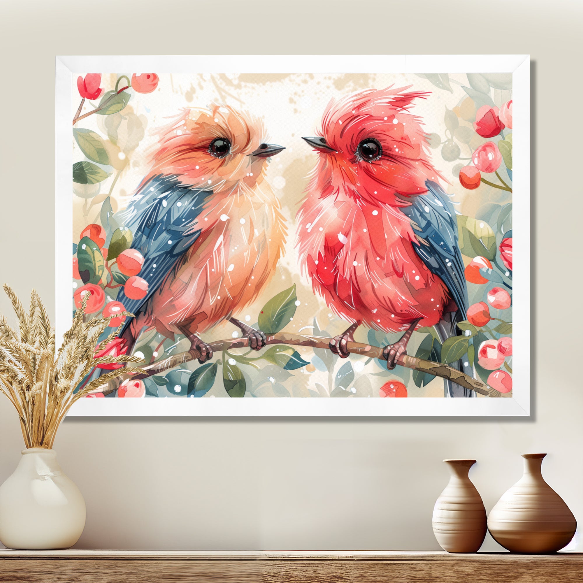 Pink Blue love birds on a branch - Bird Home Decor Art