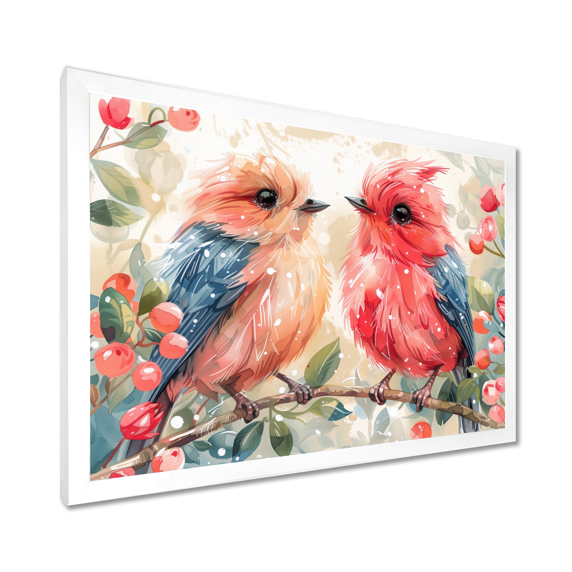Pink Blue love birds on a branch - Bird Home Decor Art