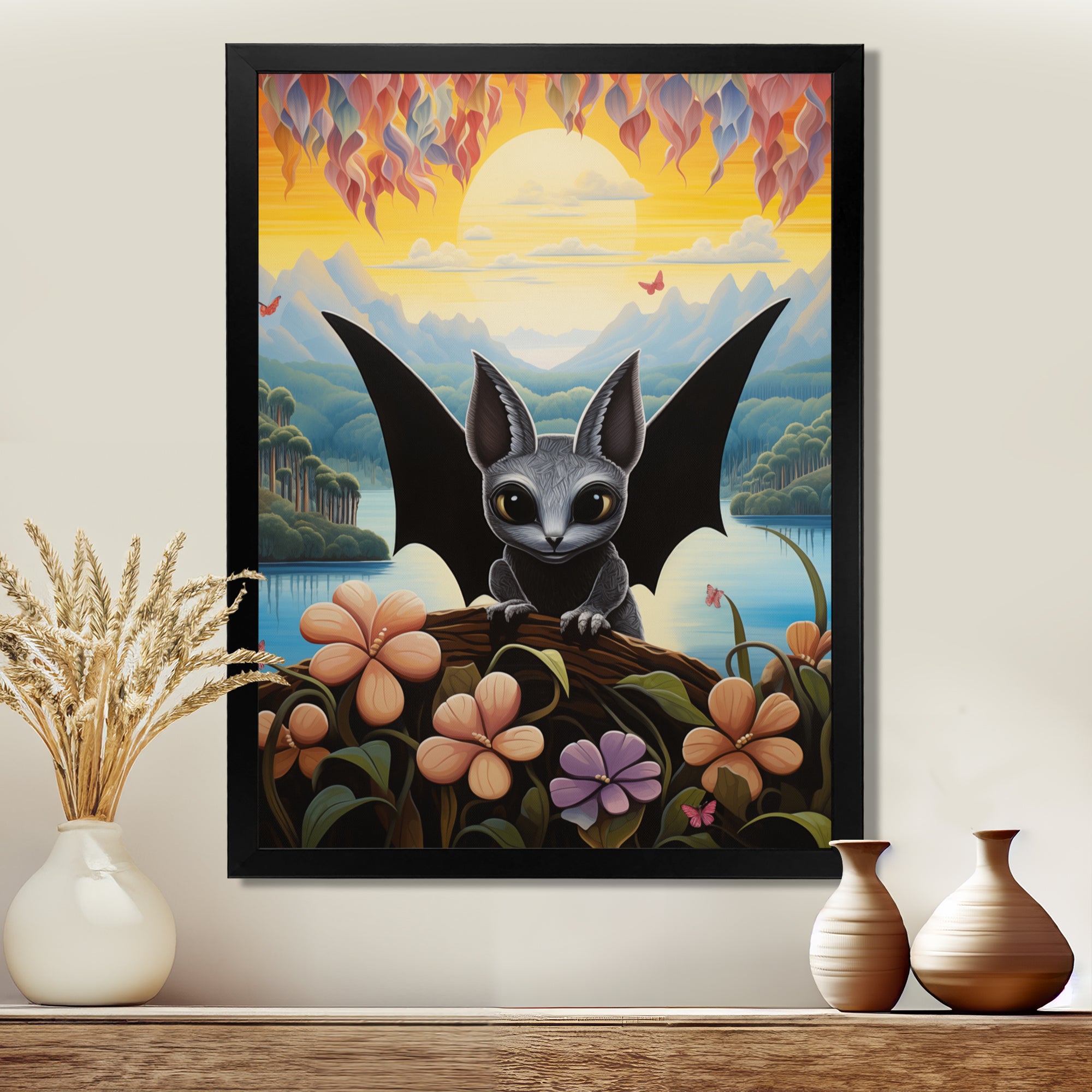 Gothic Bat in colorful flower rainforest - Bat Living Room Wall Art