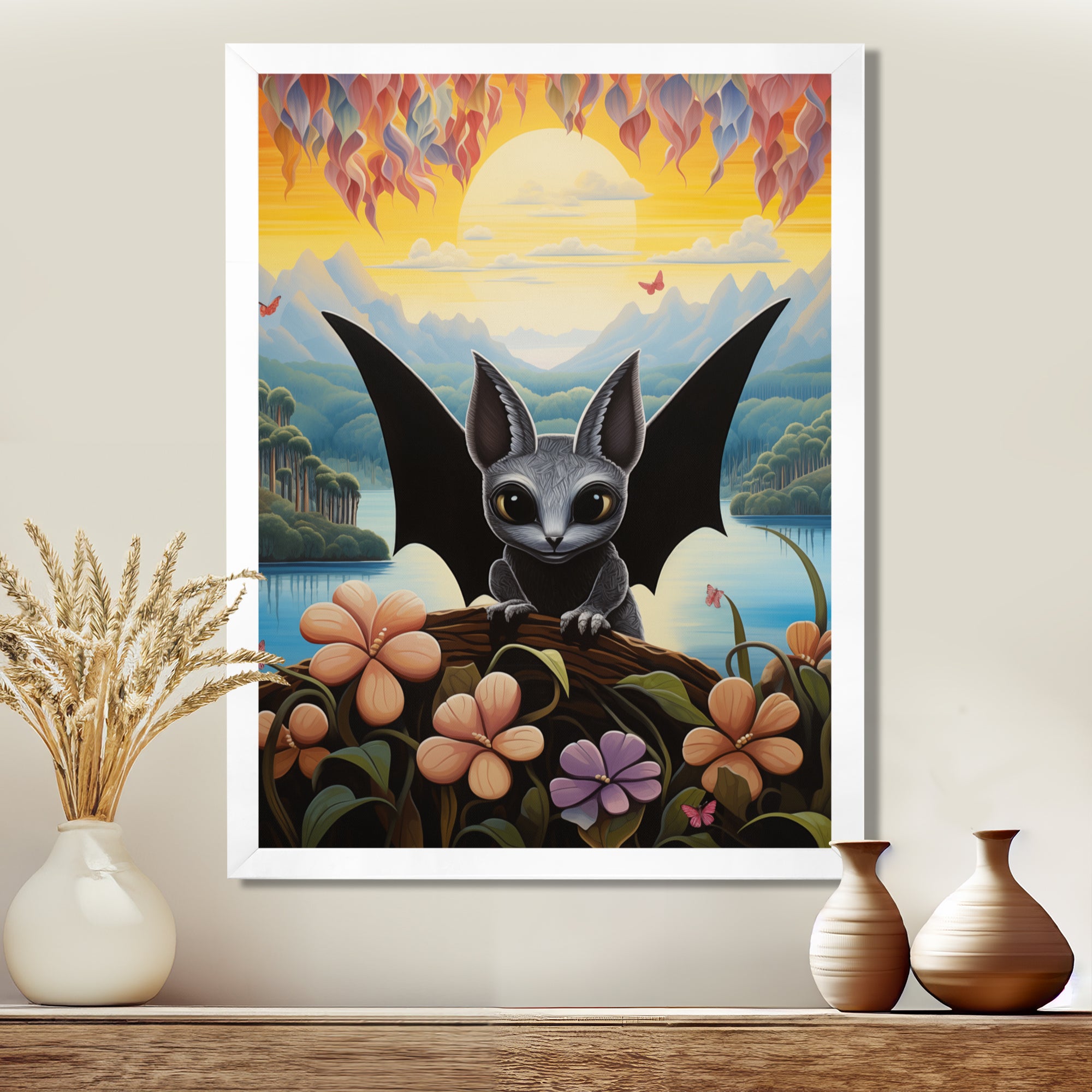 Gothic Bat in colorful flower rainforest - Bat Living Room Wall Art